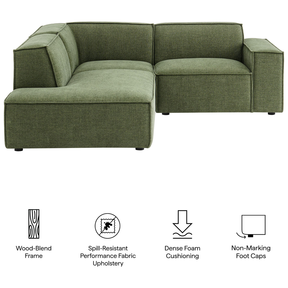Sectional sofa in green with icons for wood-blend frame, spill-resistant fabric, dense foam, and floor-safe feet || EEI-7419-FOL || callout_studio