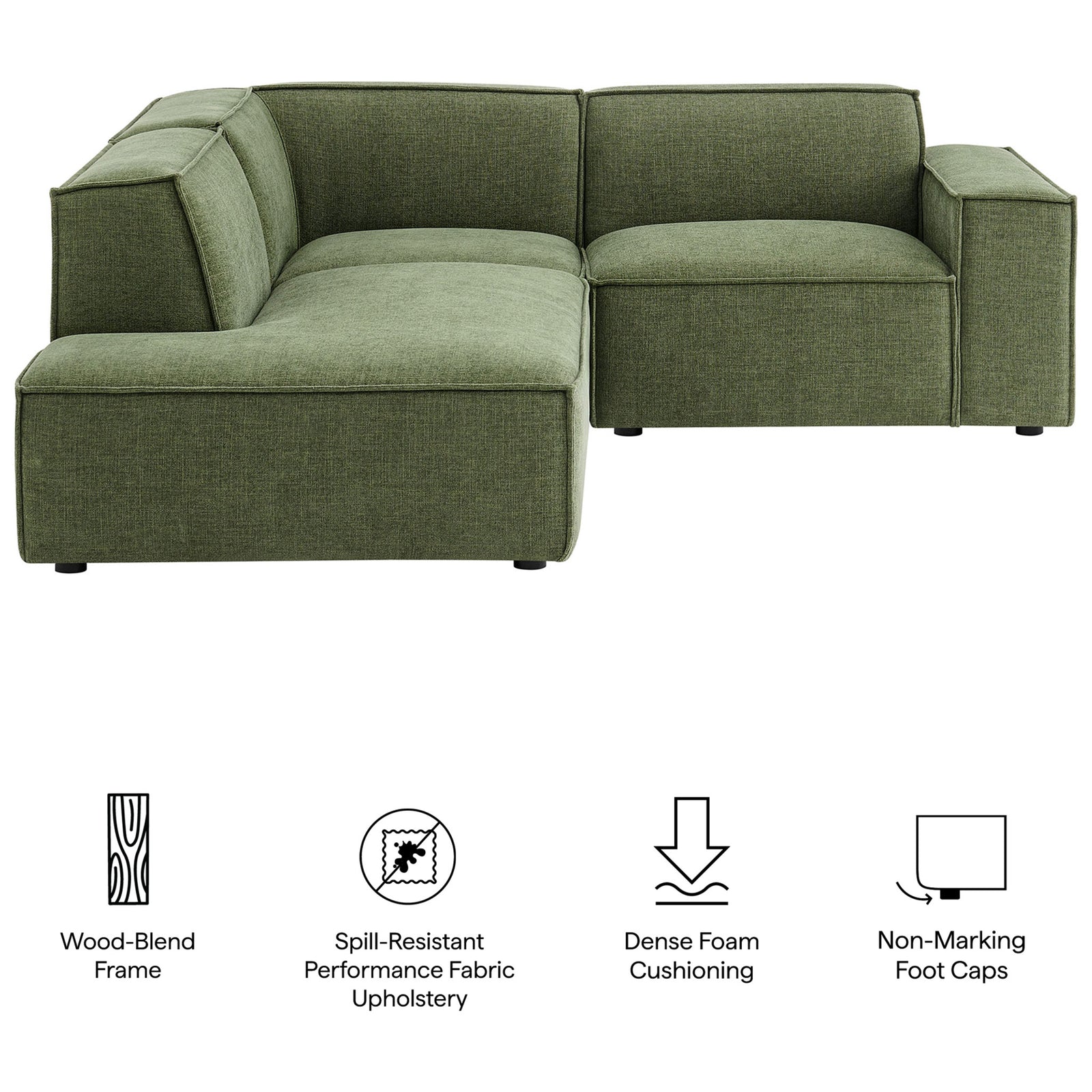 Sectional sofa in green with icons for wood-blend frame, spill-resistant fabric, dense foam, and floor-safe feet || EEI-7419-FOL || callout_studio
