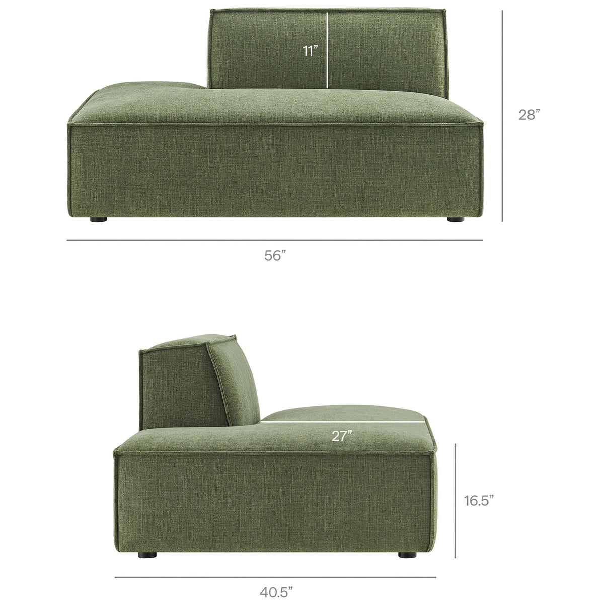 Dimensions for the chaise lounge module of the modular sectional, listing seat height, depth, and extended length || EEI-7419-FOL || dimension_studio
