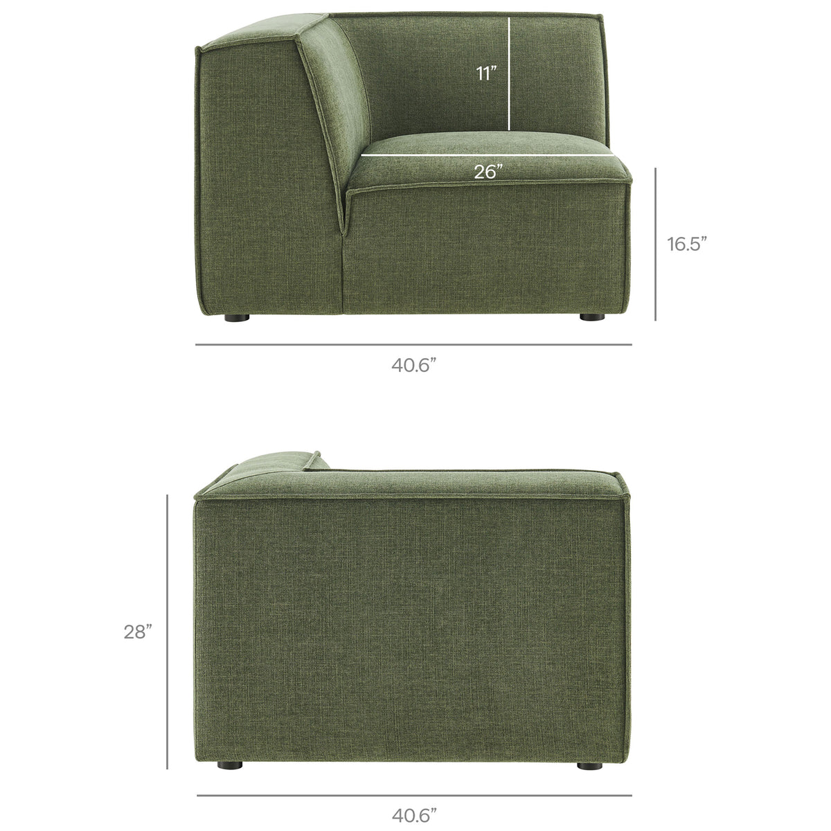 Dimensions for the corner chair module of the modular sectional, indicating seat height, depth, and overall footprint || EEI-7419-FOL || dimension_studio