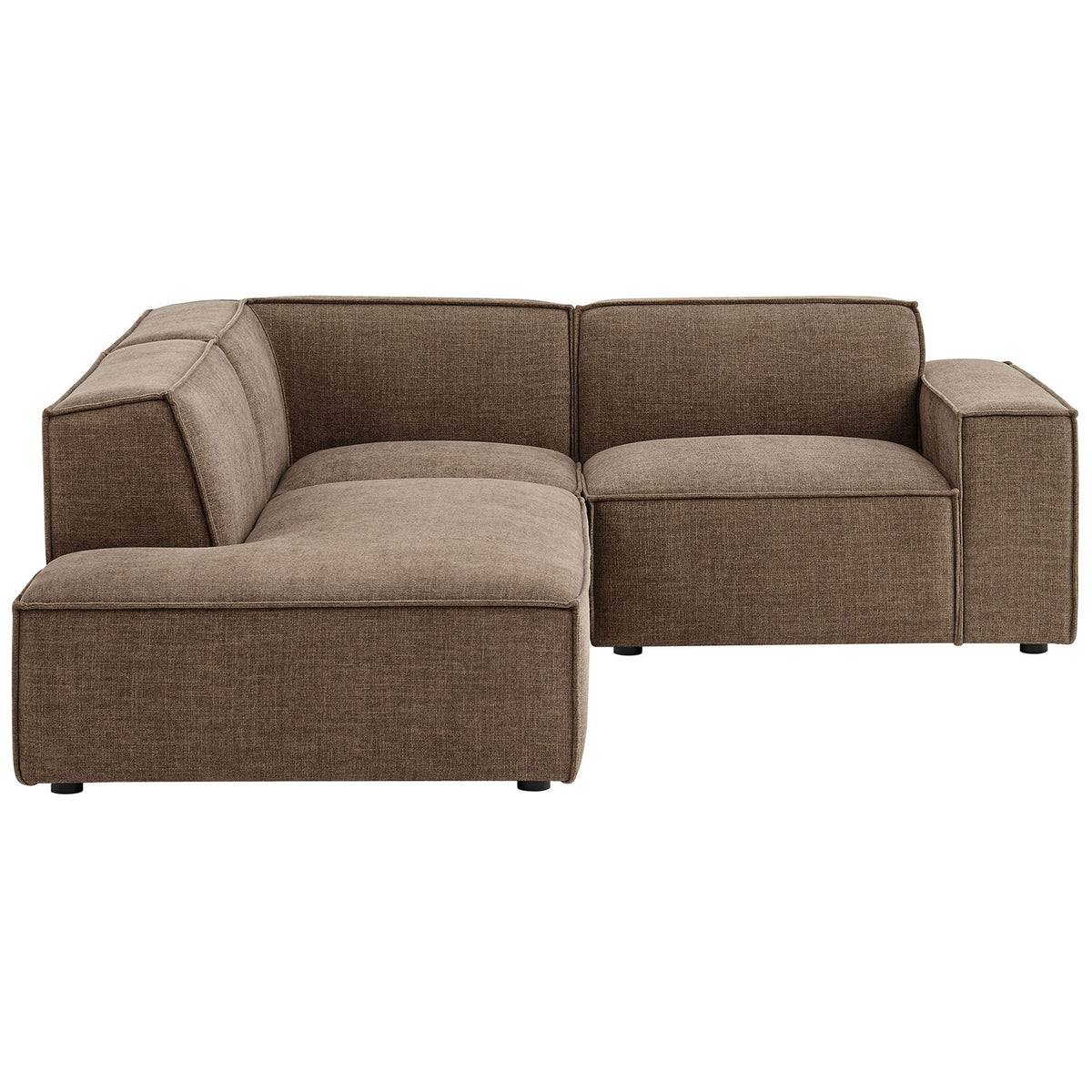 Low-profile mocha L-shaped sectional offers deep, supportive seating and broad arms ideal for lounging || EEI-7419-MOC || front_studio