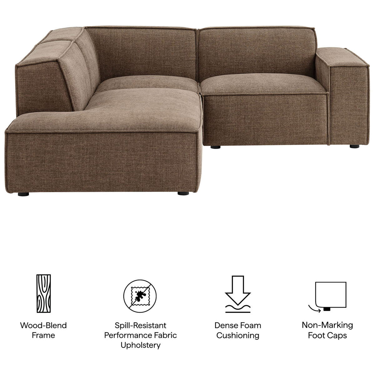 Feature icons call out the sectional's wood-blend frame, spill-resistant fabric, dense foam, and non-marking feet || EEI-7419-MOC || callout_studio