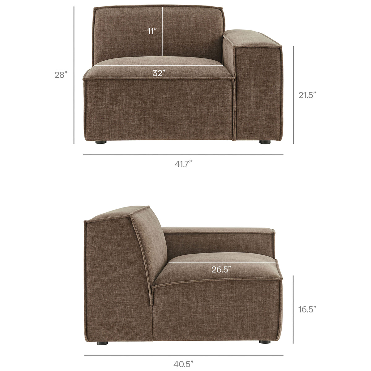 Dimensions chart for the modular lounge chair outlines seat width, depth, and overall size for planning || EEI-7419-MOC || dimension_studio