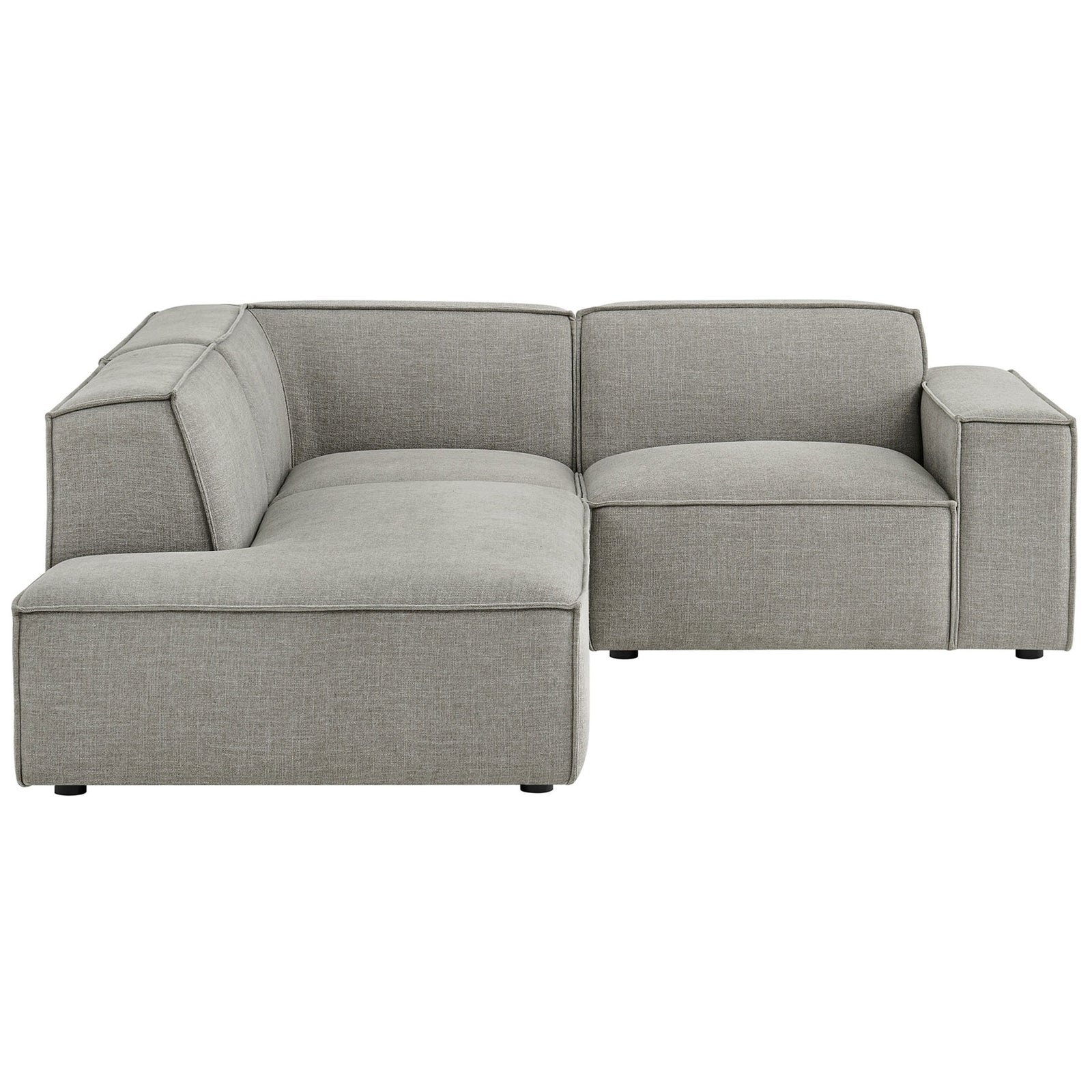 Left-facing pewter modular L-shaped sectional sofa with low, clean-lined profile and plush cushions. || EEI-7419-PEW || front_studio