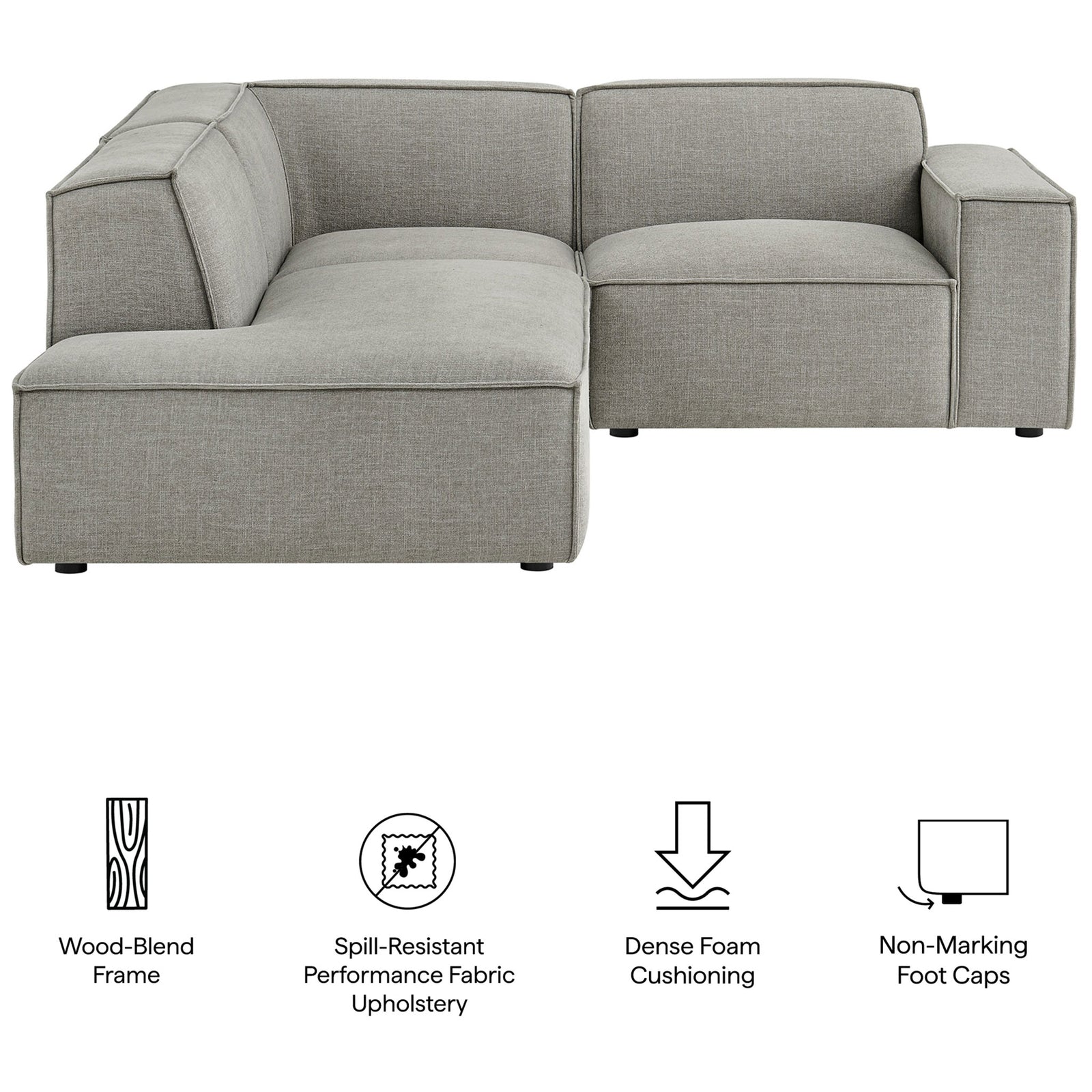 Feature callouts showcase the wood-blend frame, spill-resistant fabric, dense foam, and protective foot caps. || EEI-7419-PEW || callout_studio