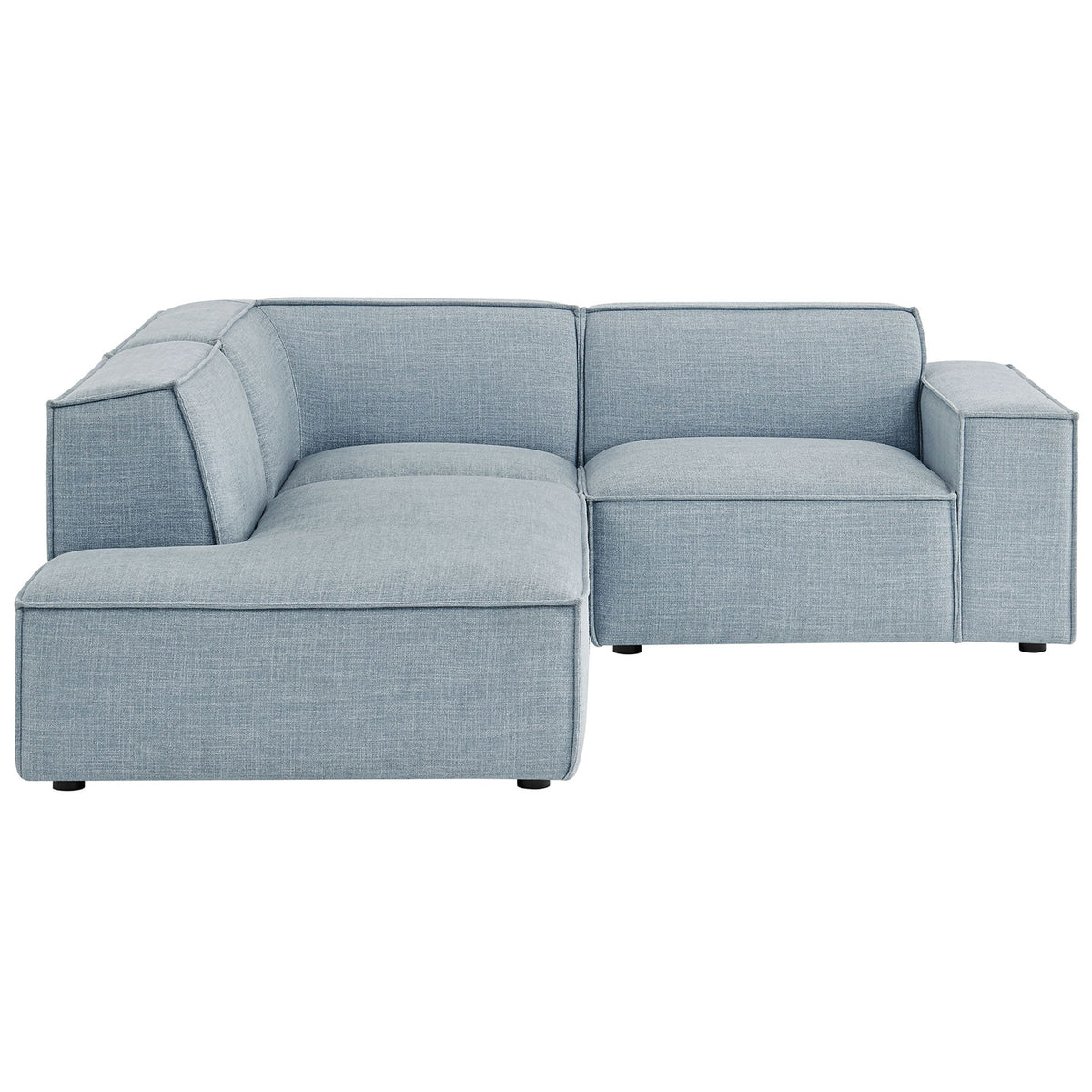 Compact modular sectional with broad track arms and supportive sky blue performance fabric upholstery || EEI-7419-SKY || front_studio