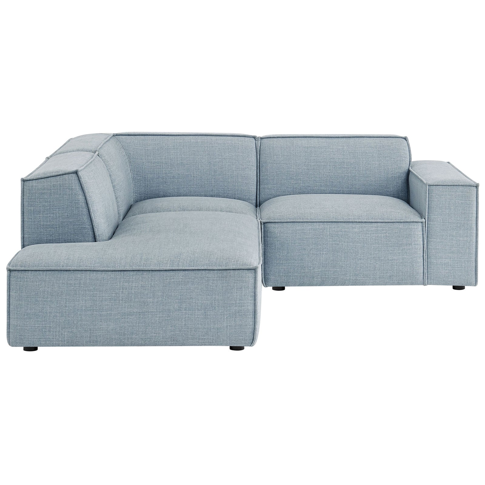Compact modular sectional with broad track arms and supportive sky blue performance fabric upholstery || EEI-7419-SKY || front_studio