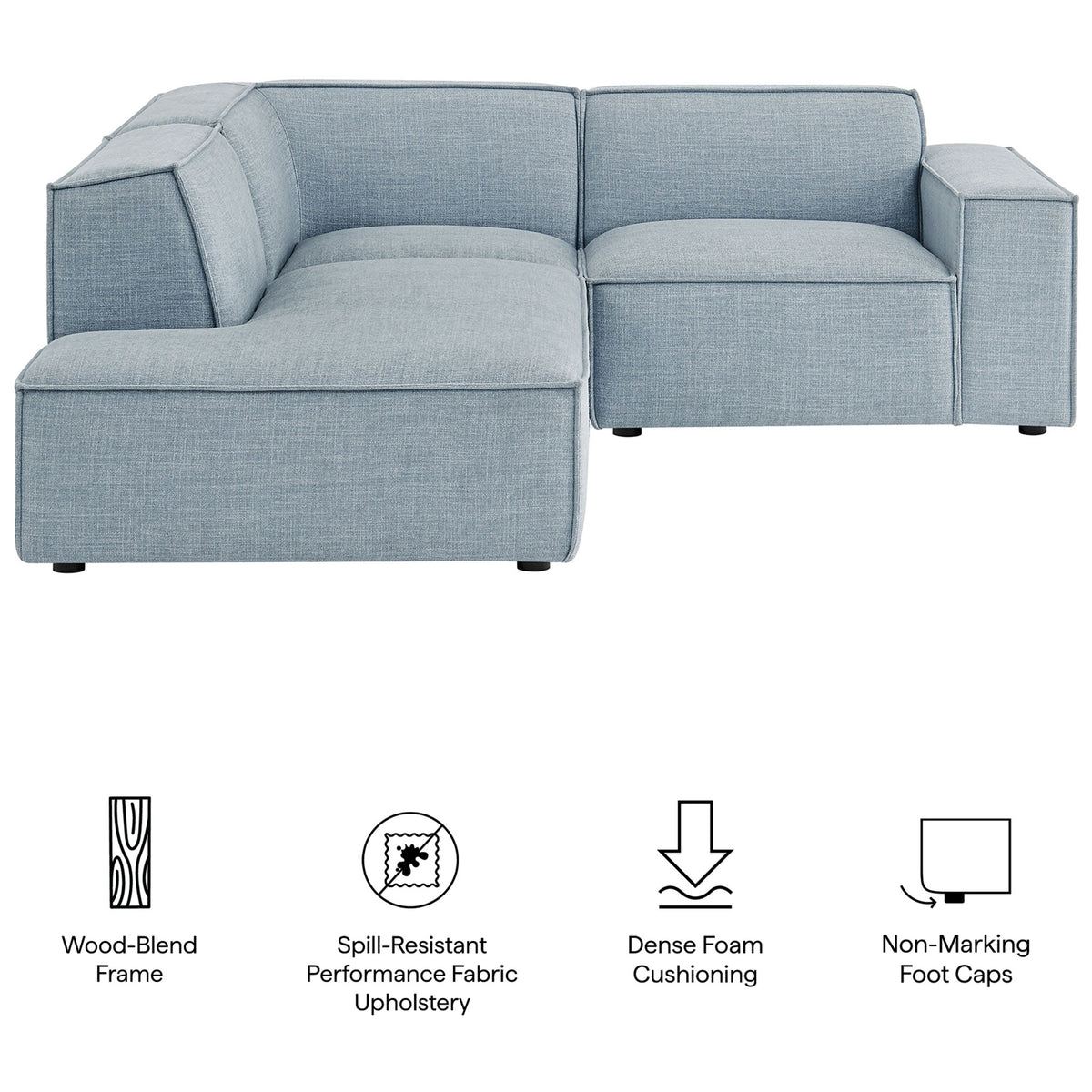 Feature callouts highlight the wood-blend frame, performance fabric, dense foam cushions, and floor-safe foot caps || EEI-7419-SKY || callout_studio