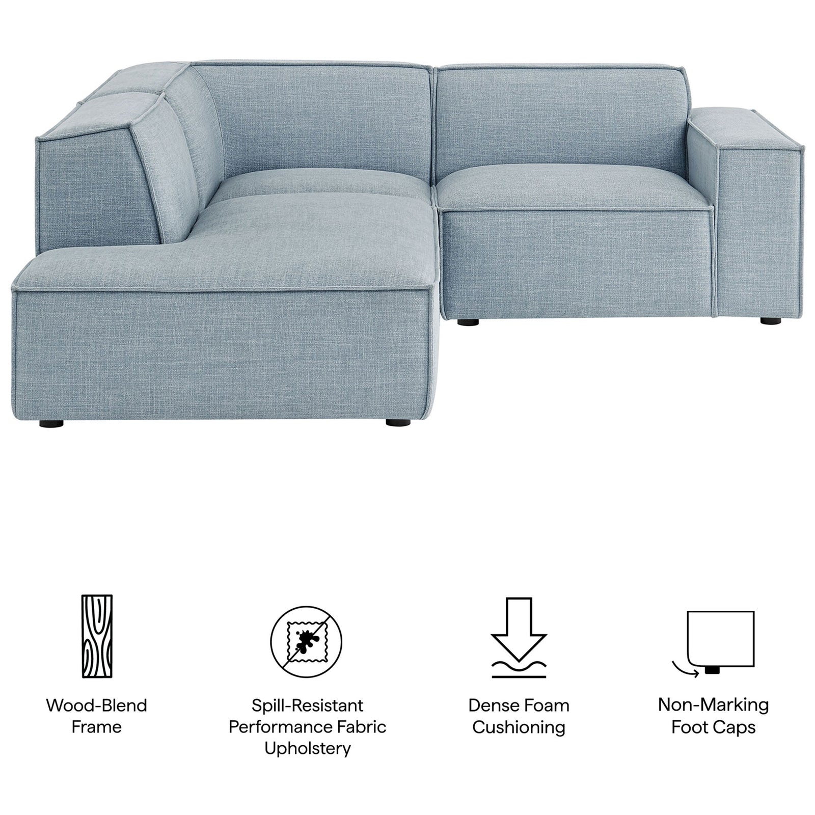 Feature callouts highlight the wood-blend frame, performance fabric, dense foam cushions, and floor-safe foot caps || EEI-7419-SKY || callout_studio