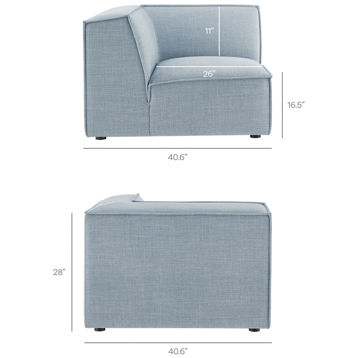 Dimension guide outlines the corner seat module proportions for a comfortable, space-saving sectional layout || EEI-7419-SKY || dimension_studio