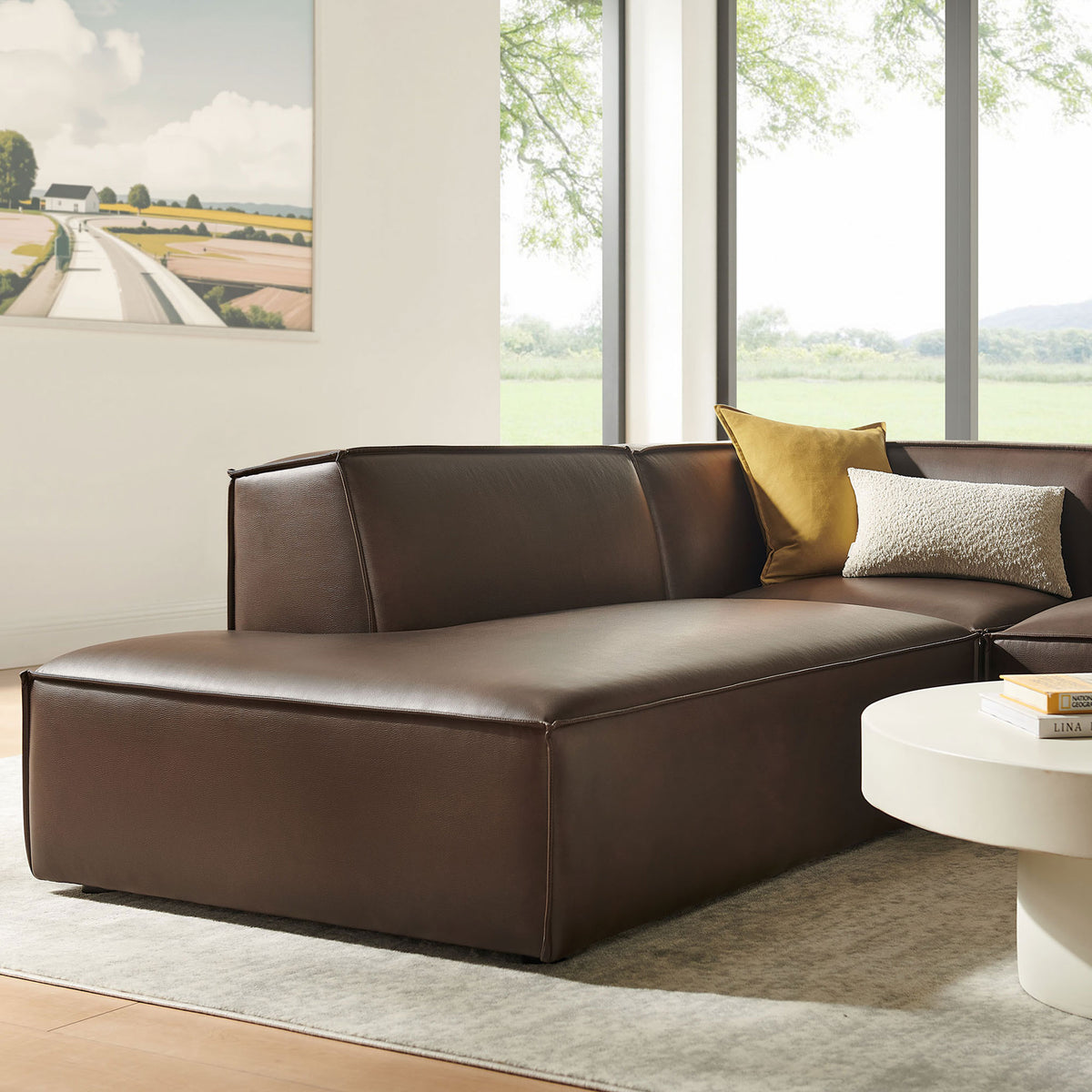 Close-up of espresso vegan leather chaise showing smooth cushioning and simple stitching || EEI-7420-ESP || detail_room