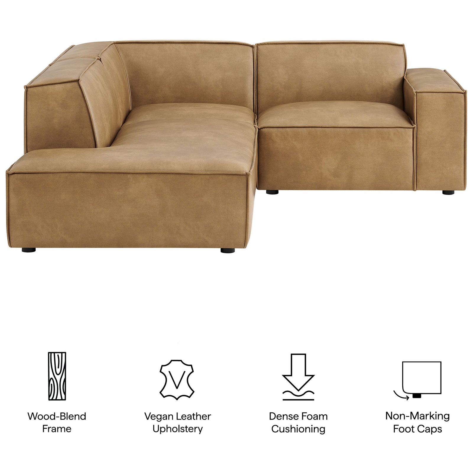Highlight features of the Restore toast vegan leather sectional including plush cushioning and non-marking feet || EEI-7420-TST || callout_studio