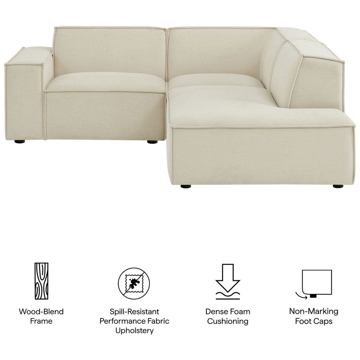 Sectional sofa highlighting wood-blend frame, spill-resistant fabric, dense foam cushions, and non-marking feet || EEI-7421-ECR || callout_studio