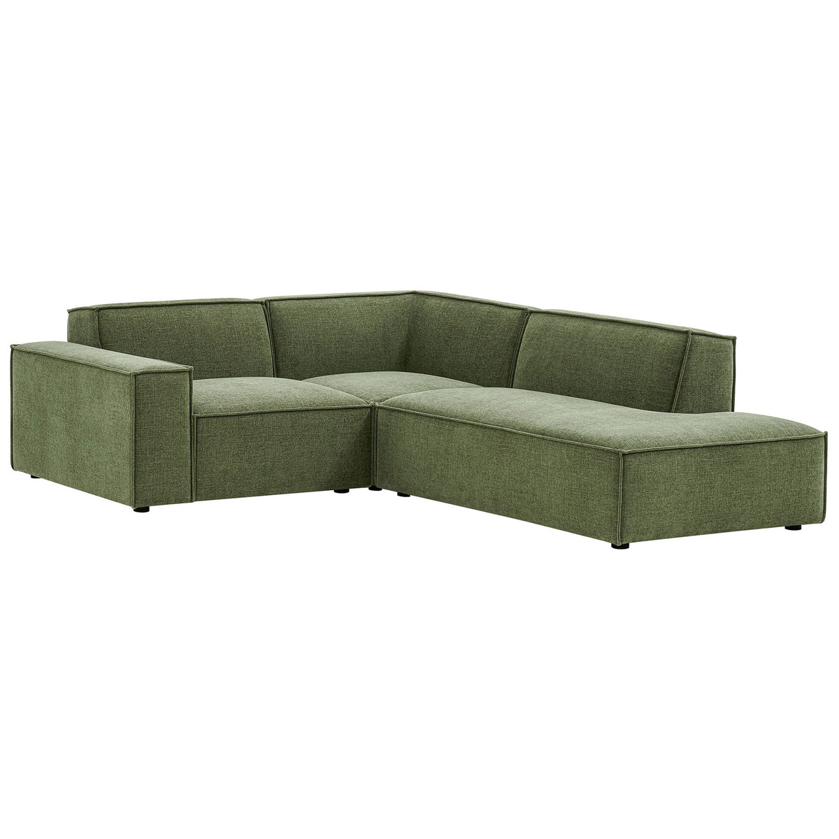 Compact green modular sectional with chaise lounge and deep, supportive seats in performance fabric upholstery || EEI-7421-FOL || front_angle_studio