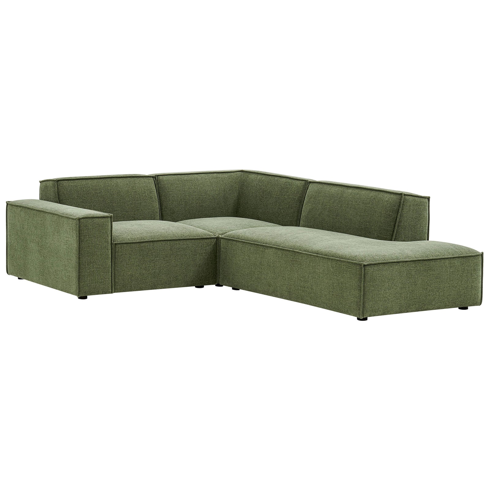 Compact green modular sectional with chaise lounge and deep, supportive seats in performance fabric upholstery || EEI-7421-FOL || front_angle_studio