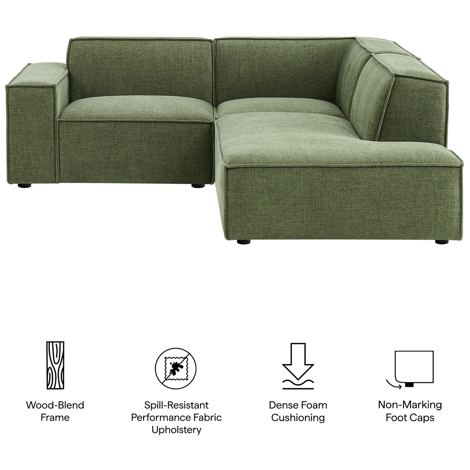 Green modular sectional sofa with icons for wood frame, spill-resistant fabric, dense foam, and non-marking feet || EEI-7421-FOL || callout_studio
