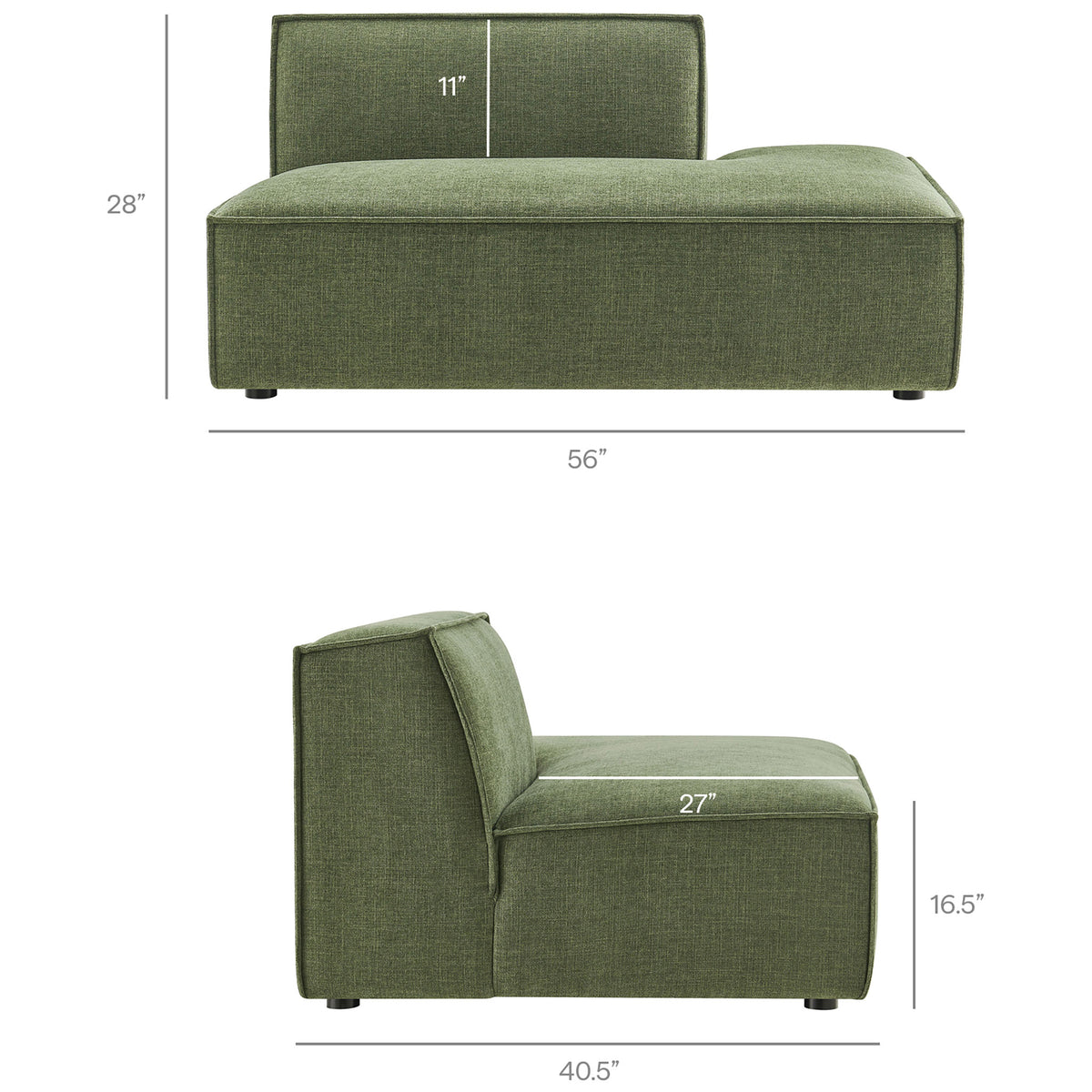 Dimensions for the chaise lounge module of the modular sectional, detailing overall length, seat depth, and height || EEI-7421-FOL || dimension_studio