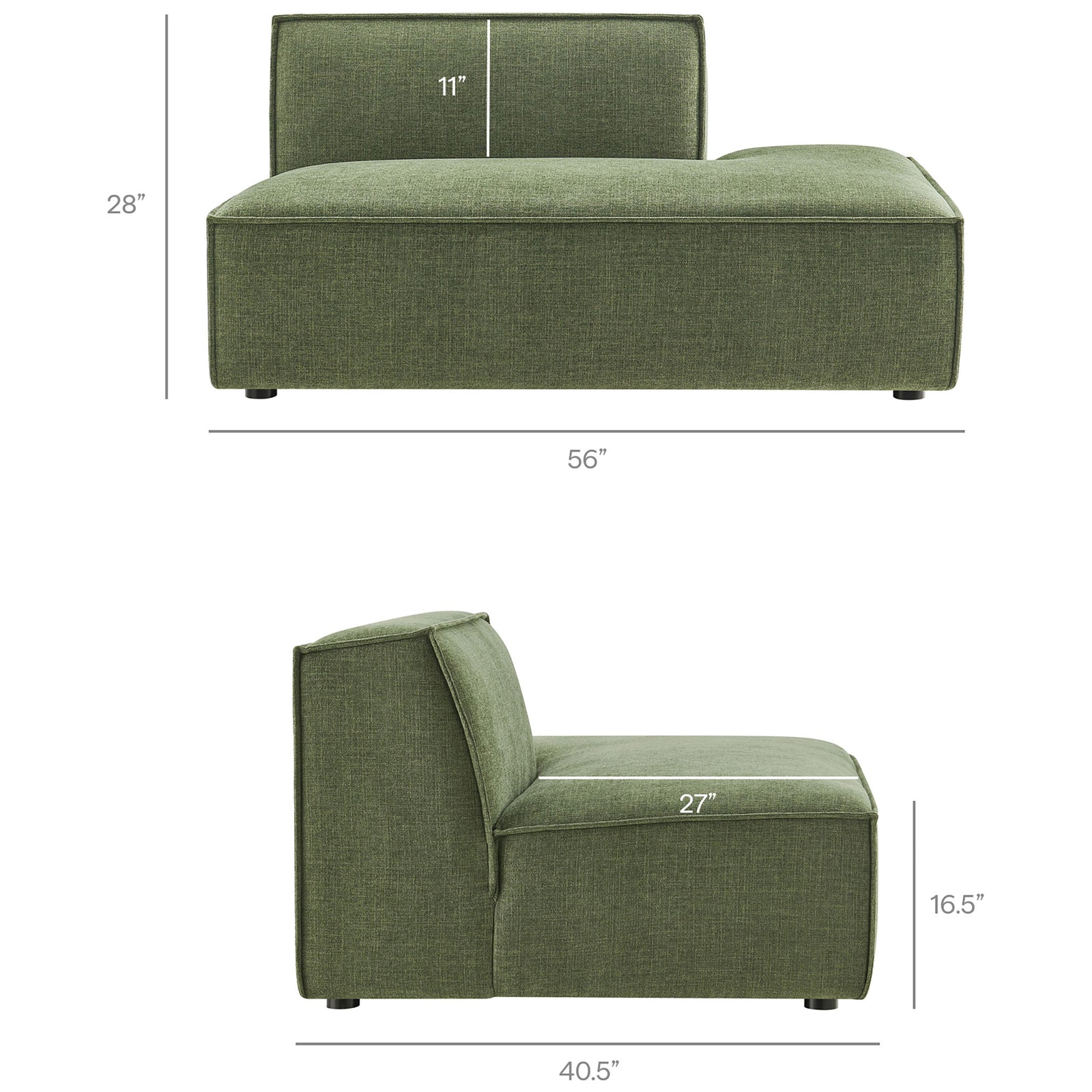 Dimensions for the chaise lounge module of the modular sectional, detailing overall length, seat depth, and height || EEI-7421-FOL || dimension_studio