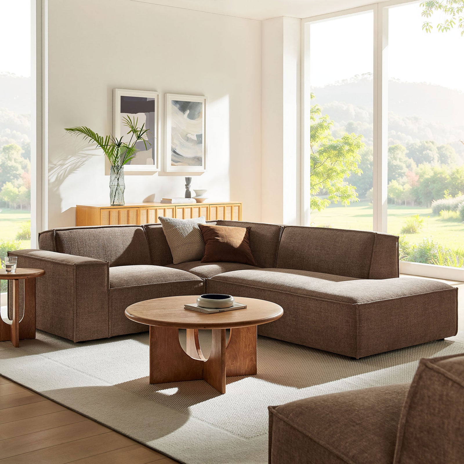 Mocha modular sectional anchors a bright living room with its spacious chaise, deep seats, and tailored cushions || EEI-7421-MOC || front_angle_room