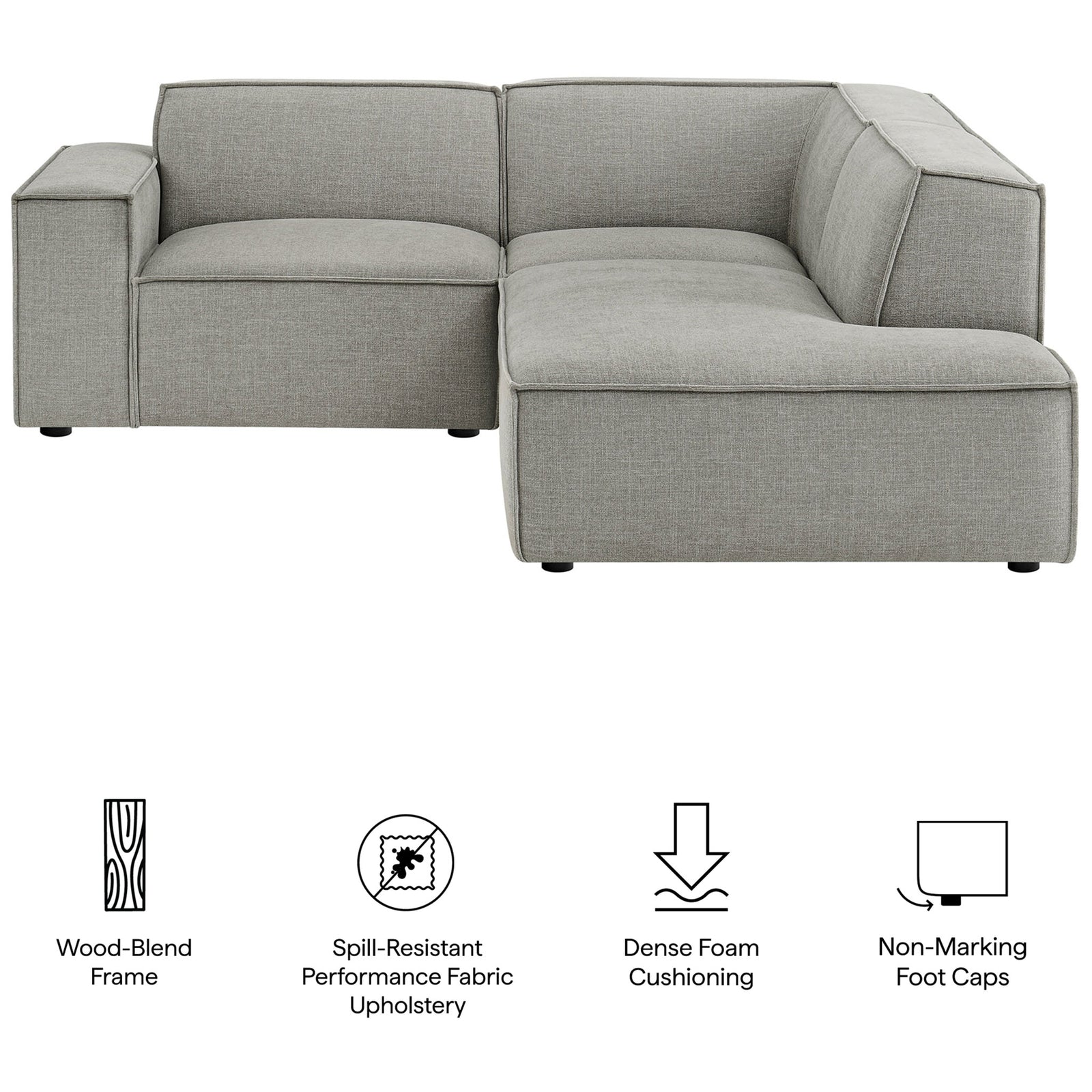 Feature icons highlight the wood-blend frame, spill-resistant fabric, dense foam cushions, and non-marking foot caps. || EEI-7421-PEW || callout_studio