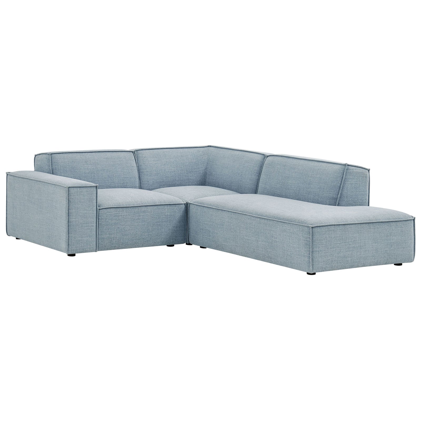 L-shaped sectional in sky blue performance fabric with a long chaise and supportive corner backrest || EEI-7421-SKY || front_angle_studio