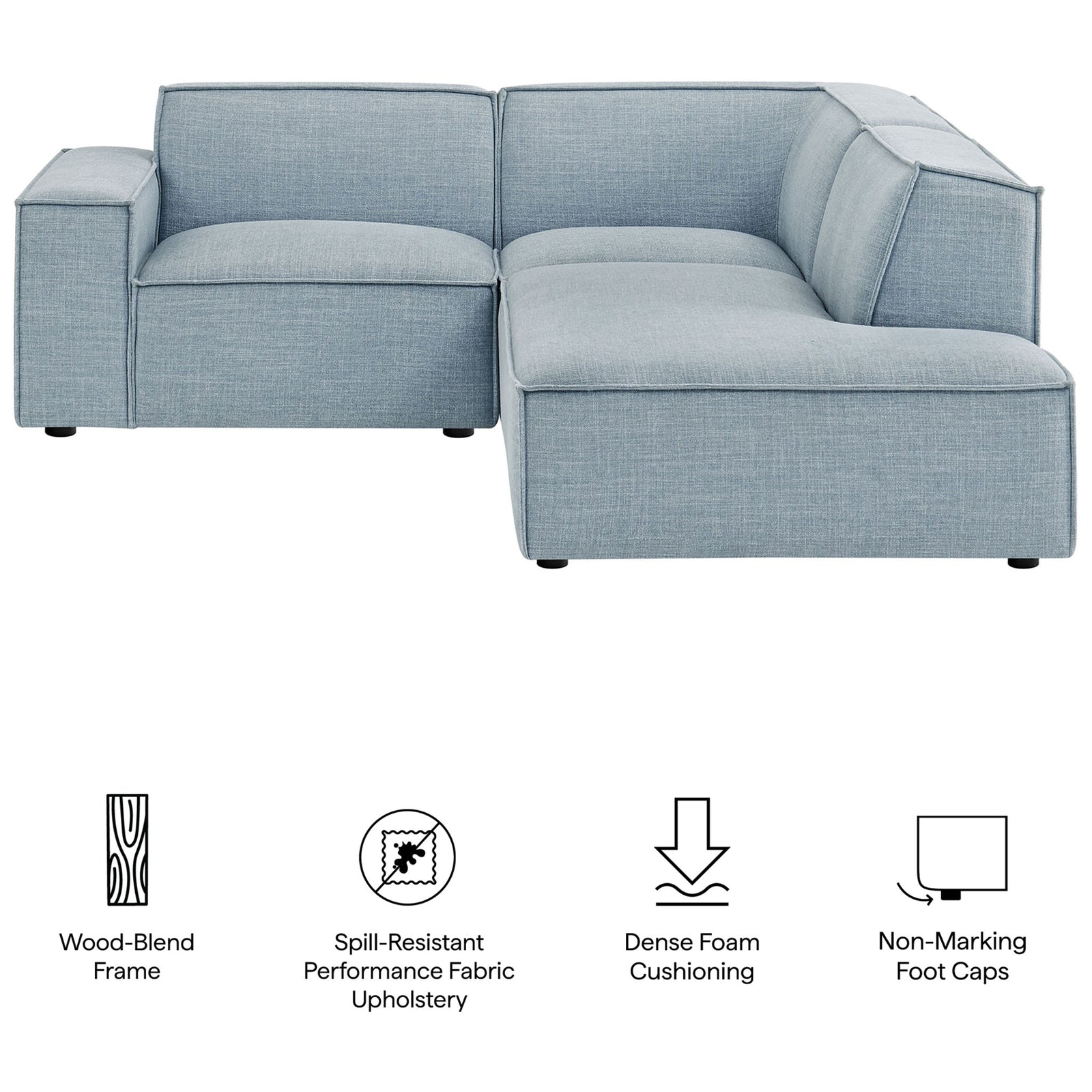 Feature panel showcases the sectional design plus icons for frame strength, spill resistance, cushioning, and foot caps || EEI-7421-SKY || callout_studio