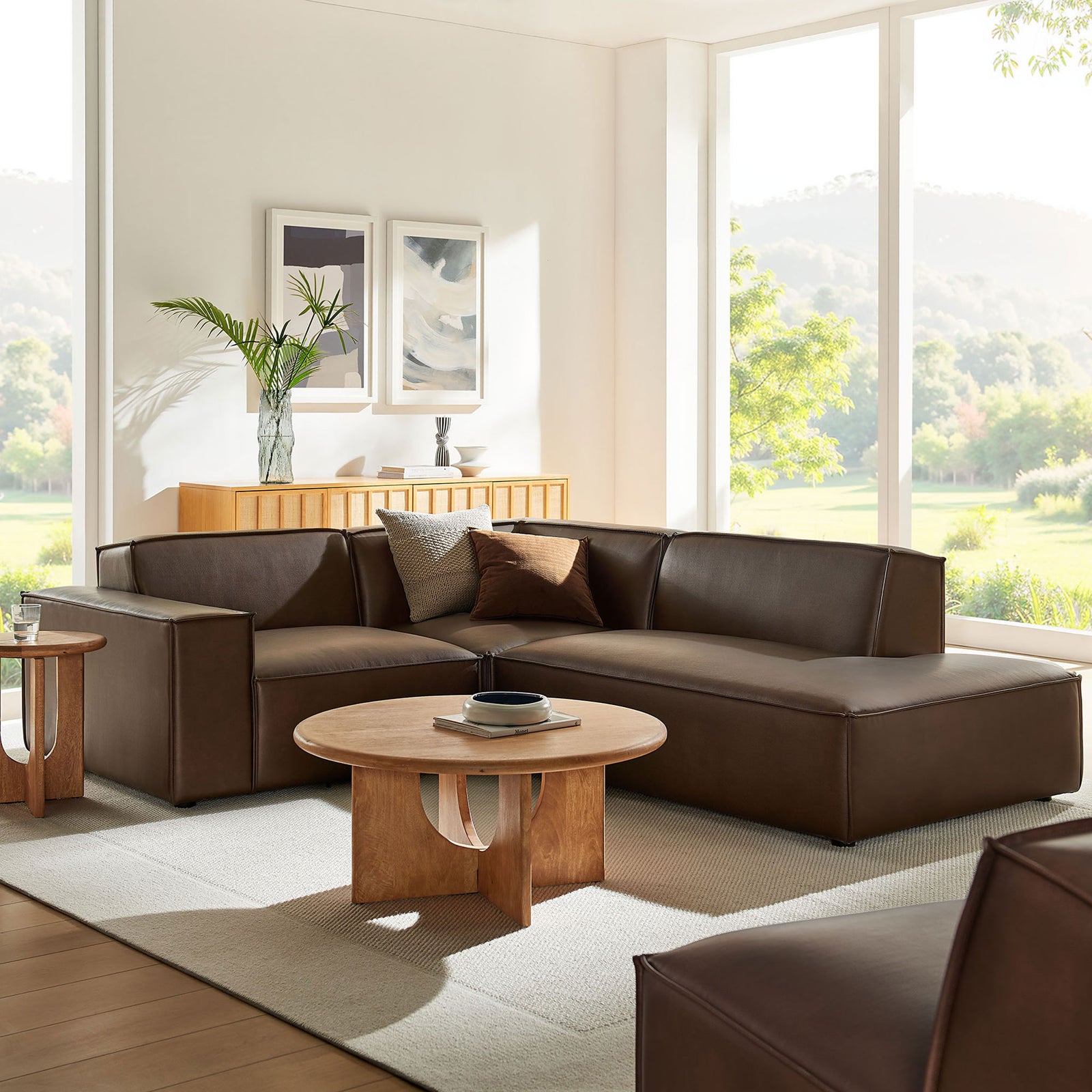 Espresso vegan leather L-shaped sectional in bright living room with wood coffee table and console || EEI-7422-ESP || front_angle_room