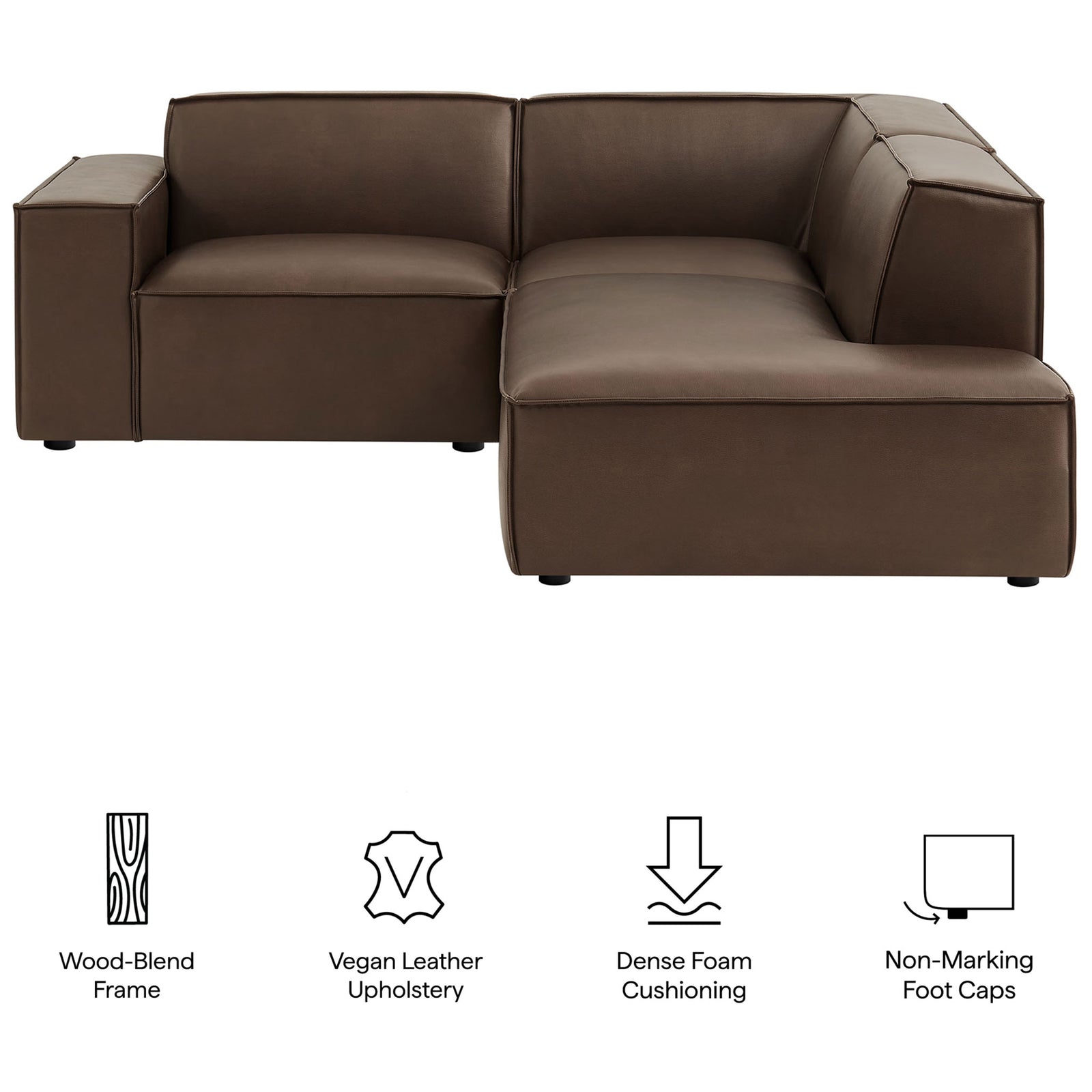Feature graphic for espresso vegan leather sectional highlighting frame, cushions, and foot caps || EEI-7422-ESP || callout_studio
