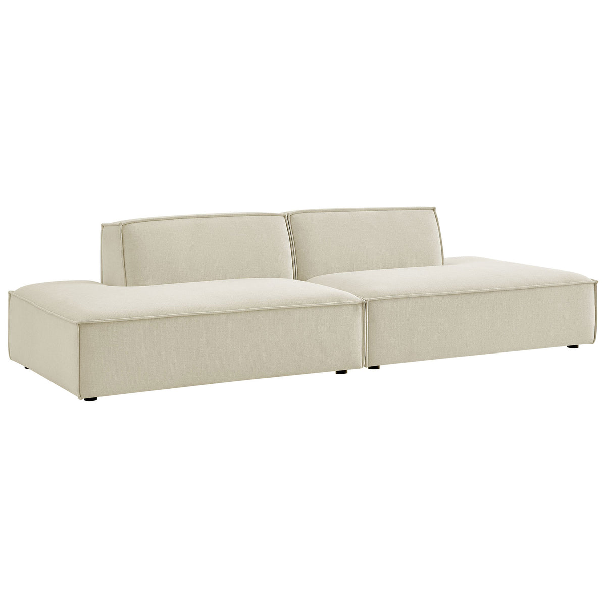 Modern ecru modular loveseat featuring clean lines and subtle French piping on soft performance fabric upholstery || EEI-7423-ECR || front_angle_studio