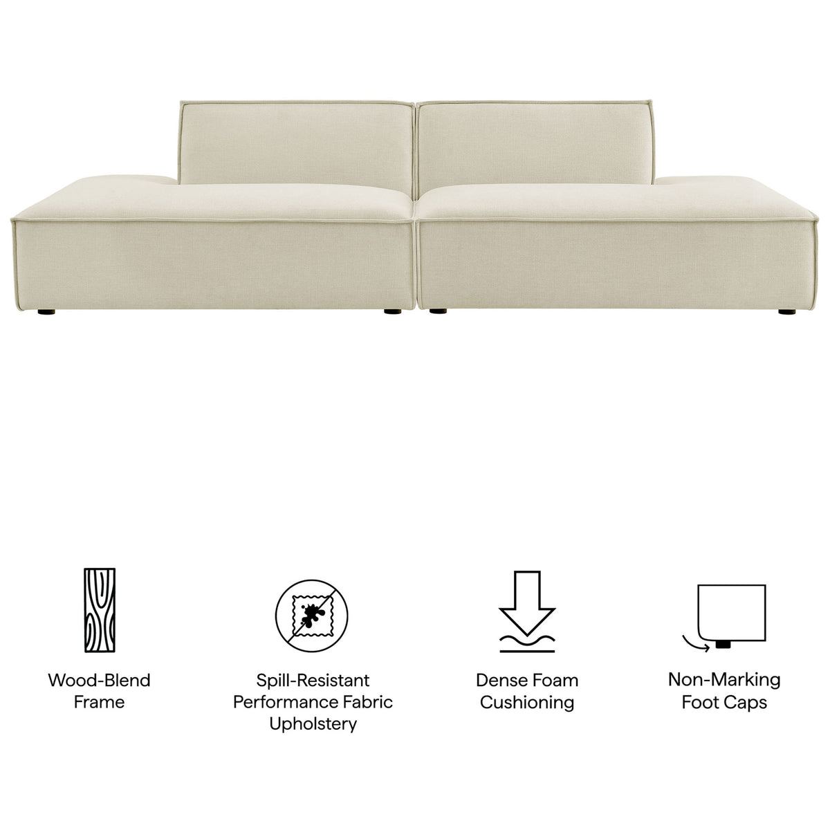 Modular loveseat with spill-resistant fabric, plush cushions, wood-blend frame, and non-marking foot caps || EEI-7423-ECR || callout_studio