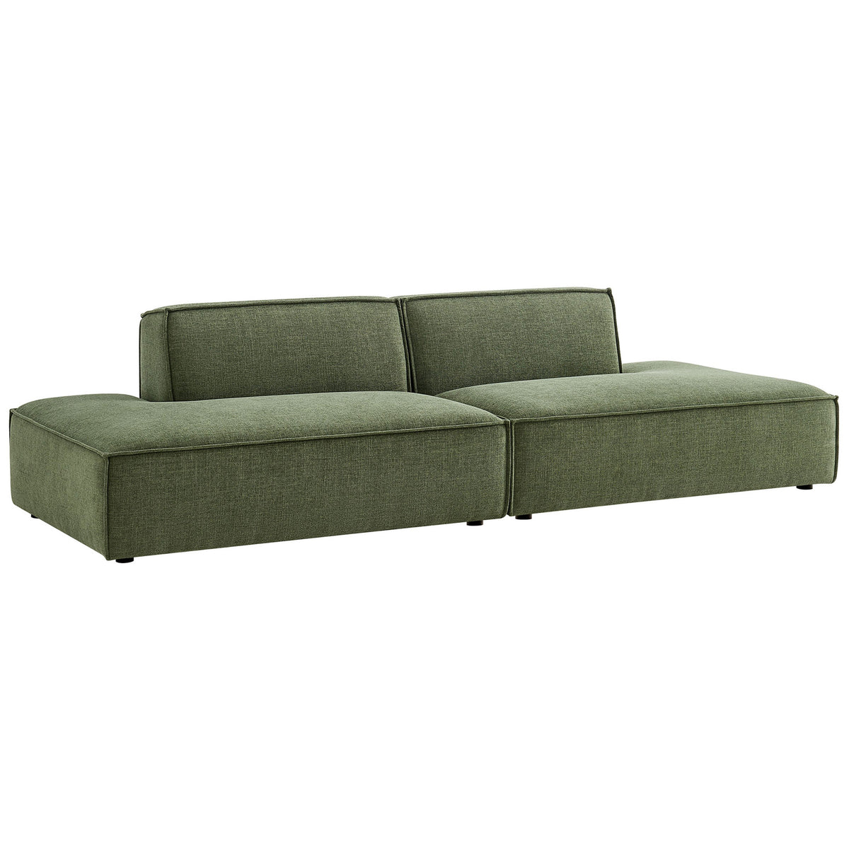 Low-profile green modular loveseat with wide chaise seats and tailored piping. || EEI-7423-FOL || front_angle_studio