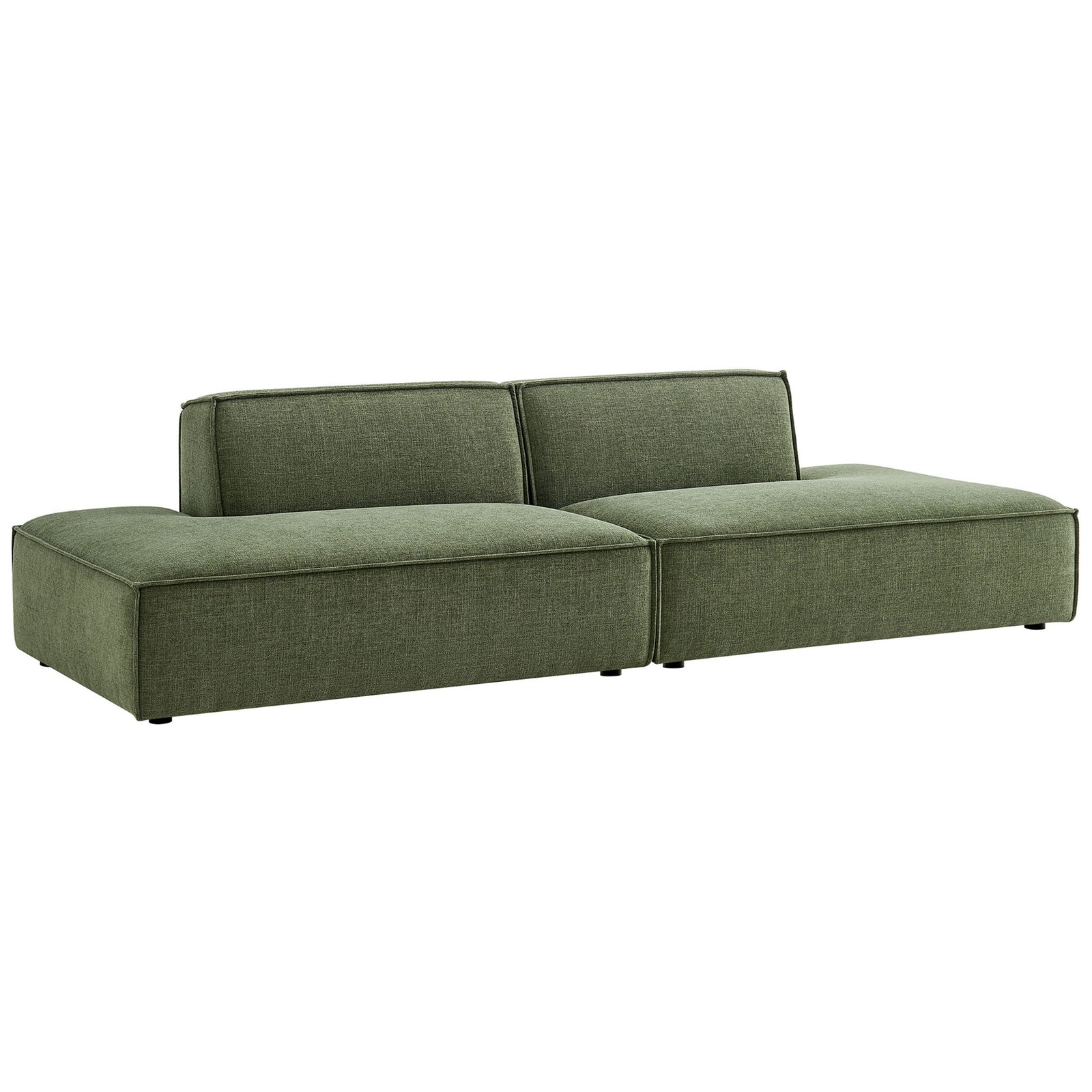 Low-profile green modular loveseat with wide chaise seats and tailored piping. || EEI-7423-FOL || front_angle_studio