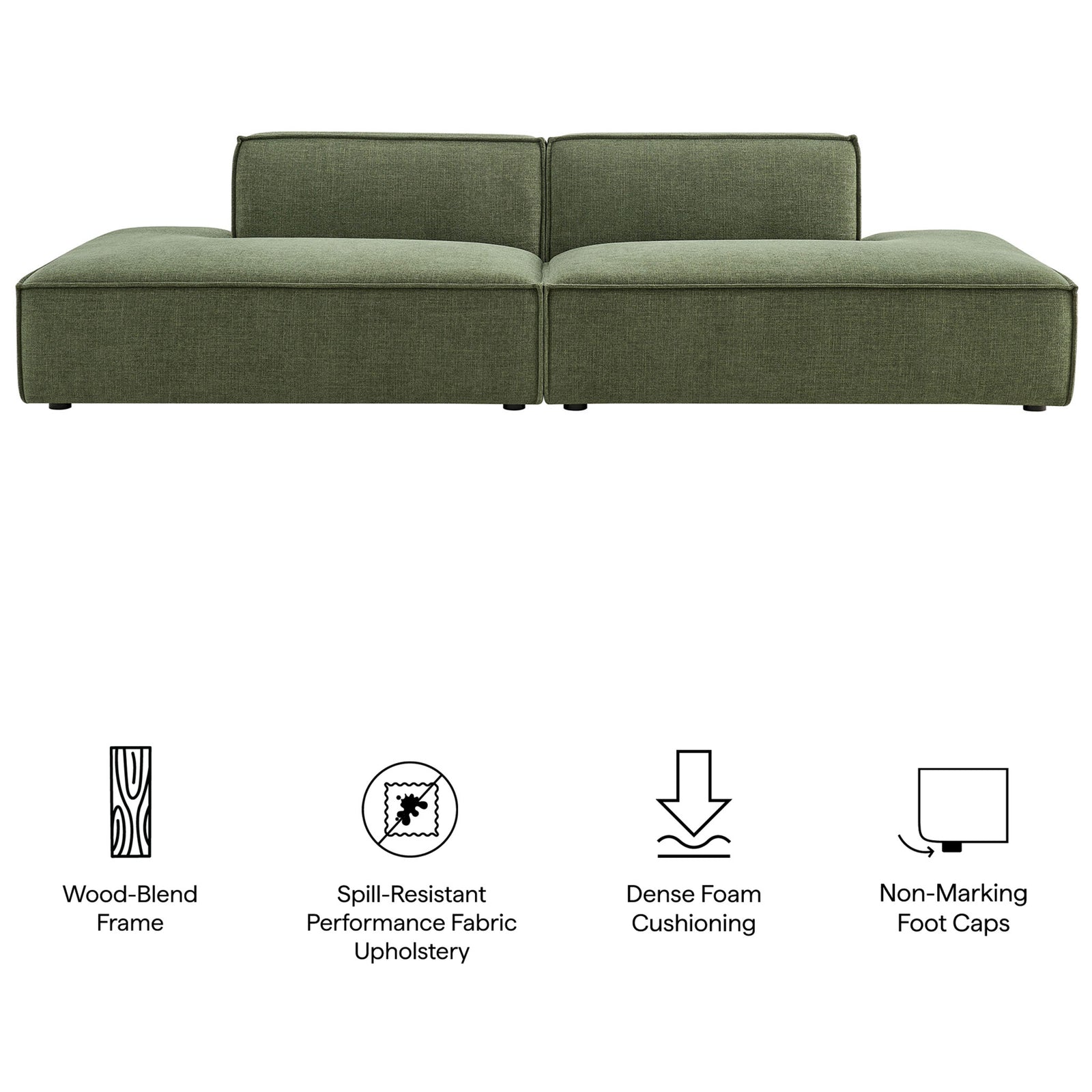 Modular loveseat with wood-blend frame, spill-resistant performance fabric, and dense foam cushioning. || EEI-7423-FOL || callout_studio