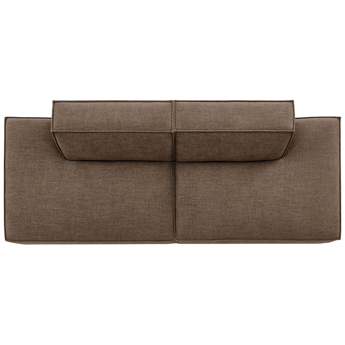 Overhead view of the mocha performance fabric modular loveseat with broad, lounge-ready seats || EEI-7423-MOC || top_studio