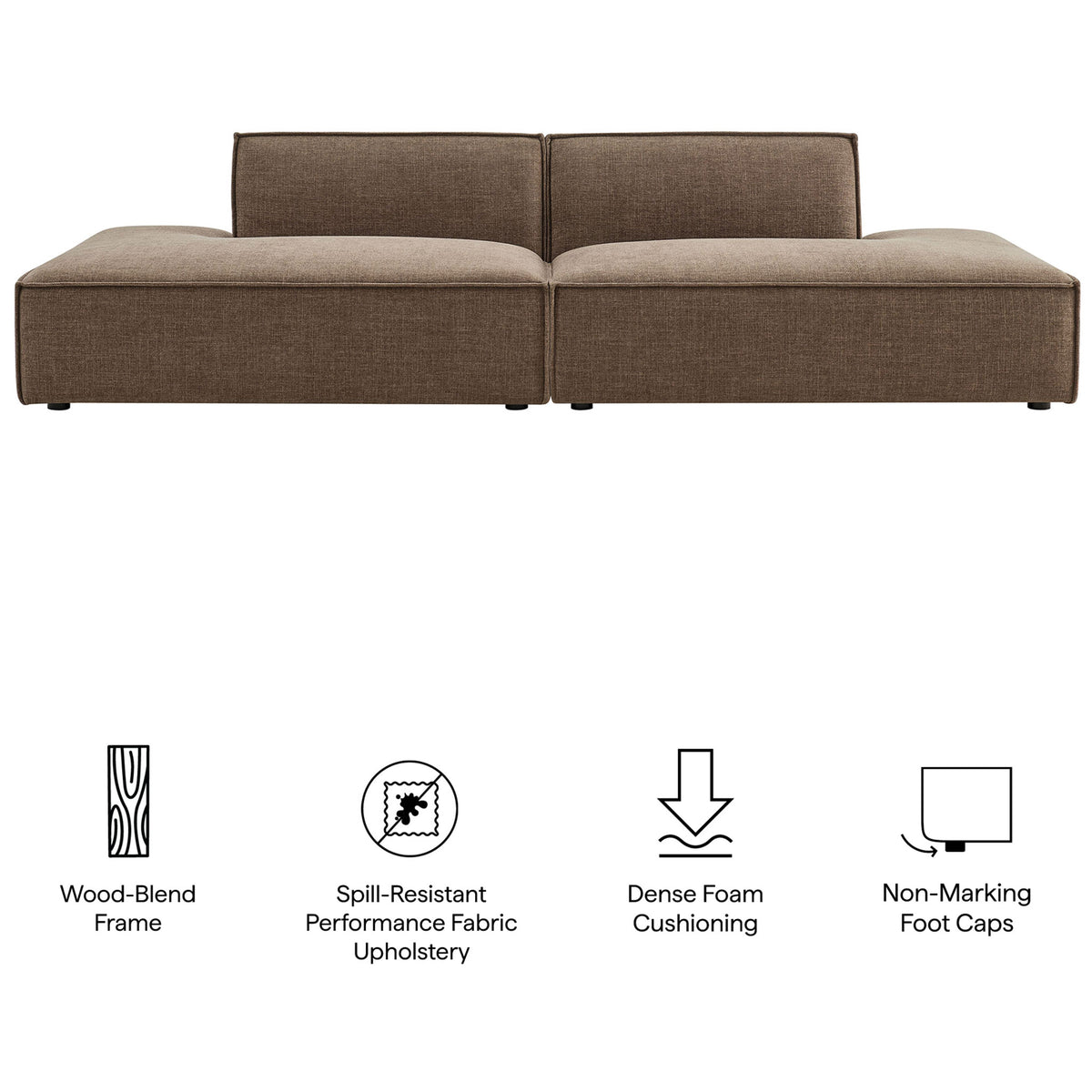 Mocha modular loveseat highlighting its wood-blend frame, dense foam cushioning, and spill-resistant fabric || EEI-7423-MOC || callout_studio