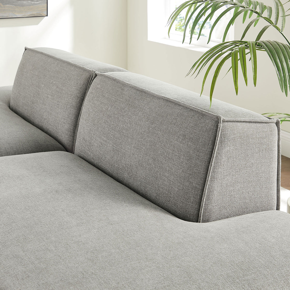 Pewter modular loveseat back cushions with refined piping and smooth performance fabric upholstery || EEI-7423-PEW || detail_room