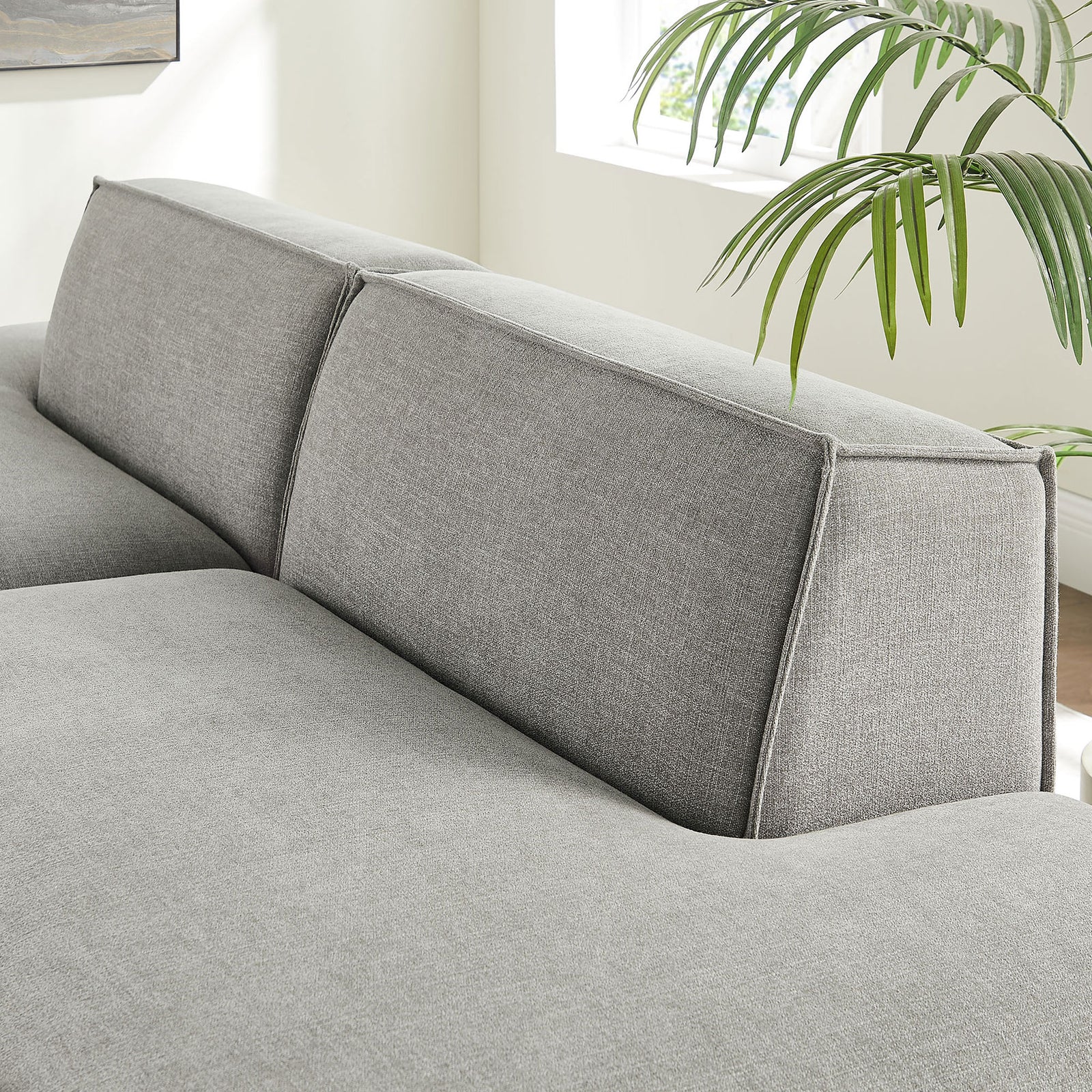 Pewter modular loveseat back cushions with refined piping and smooth performance fabric upholstery || EEI-7423-PEW || detail_room