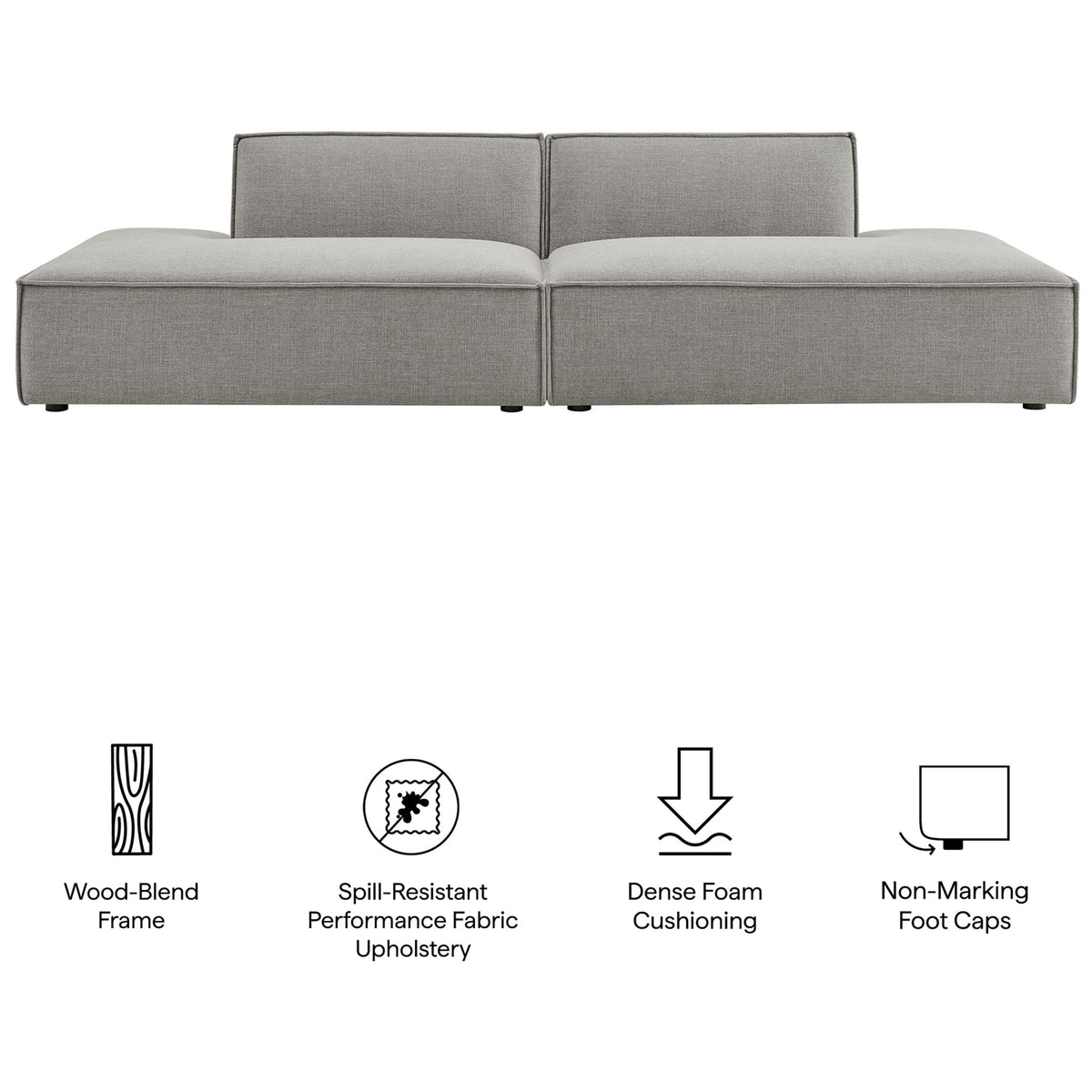 Pewter modular loveseat featuring a wood-blend frame, spill-resistant fabric, dense foam, and non-marking foot caps || EEI-7423-PEW || callout_studio