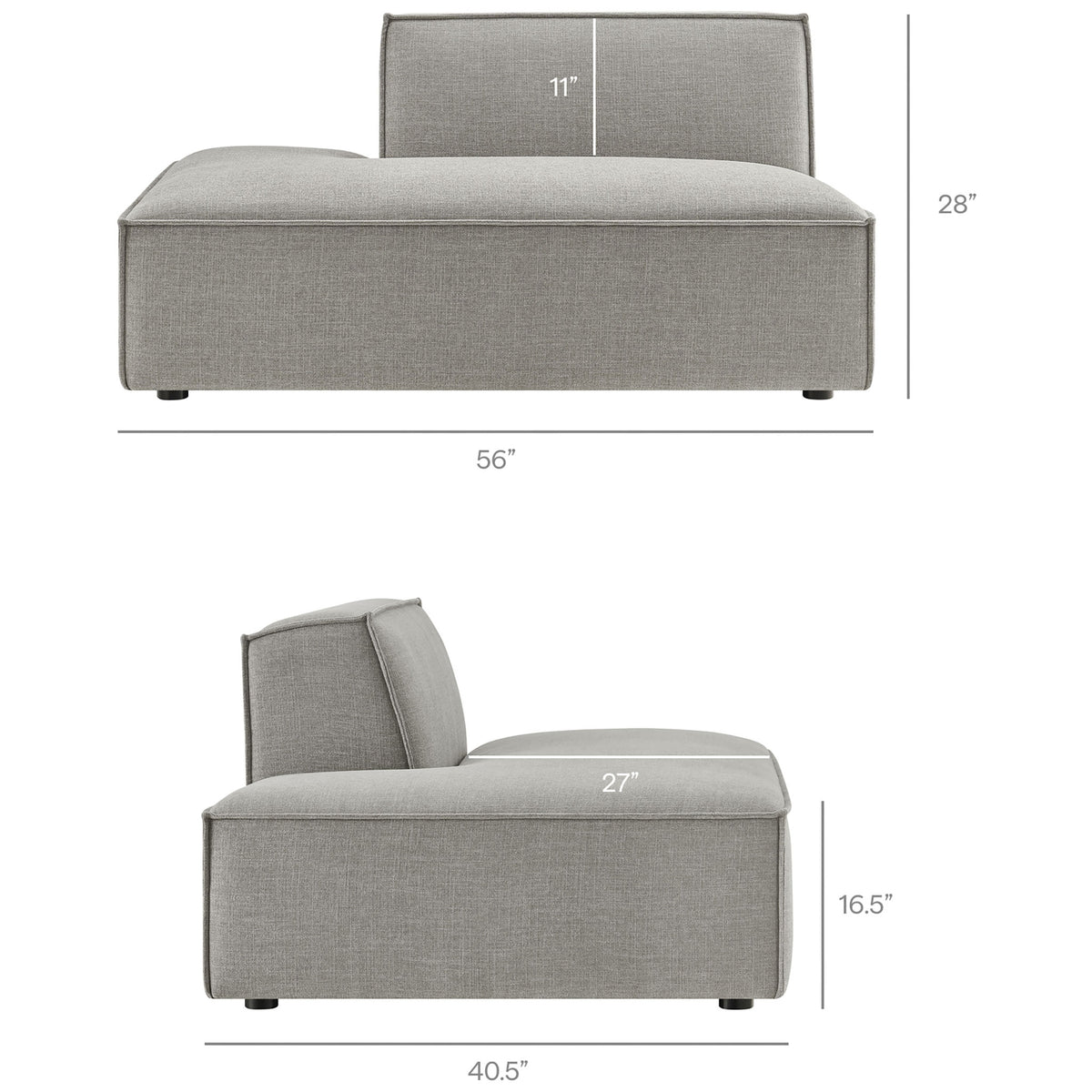 Right-arm pewter chaise dimensions showing generous length, seat depth, and supportive low back height || EEI-7423-PEW || dimension_studio