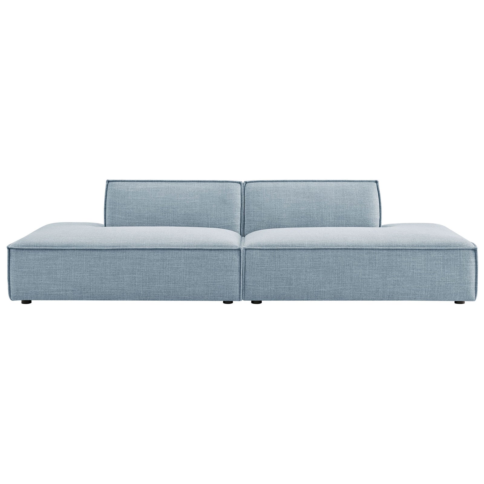 Two-piece sky blue modular loveseat with tailored French piping and broad plush seats || EEI-7423-SKY || front_studio