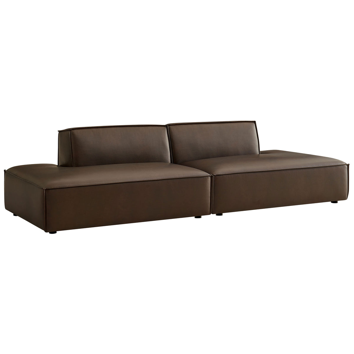 Two-piece espresso modular chaise loveseat offering deep cushions and sleek French piping details || EEI-7424-ESP || front_angle_studio