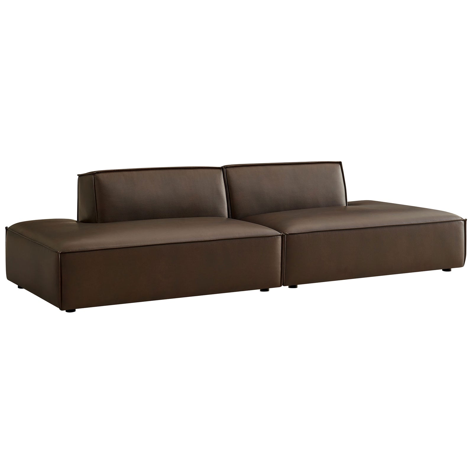 Two-piece espresso modular chaise loveseat offering deep cushions and sleek French piping details || EEI-7424-ESP || front_angle_studio