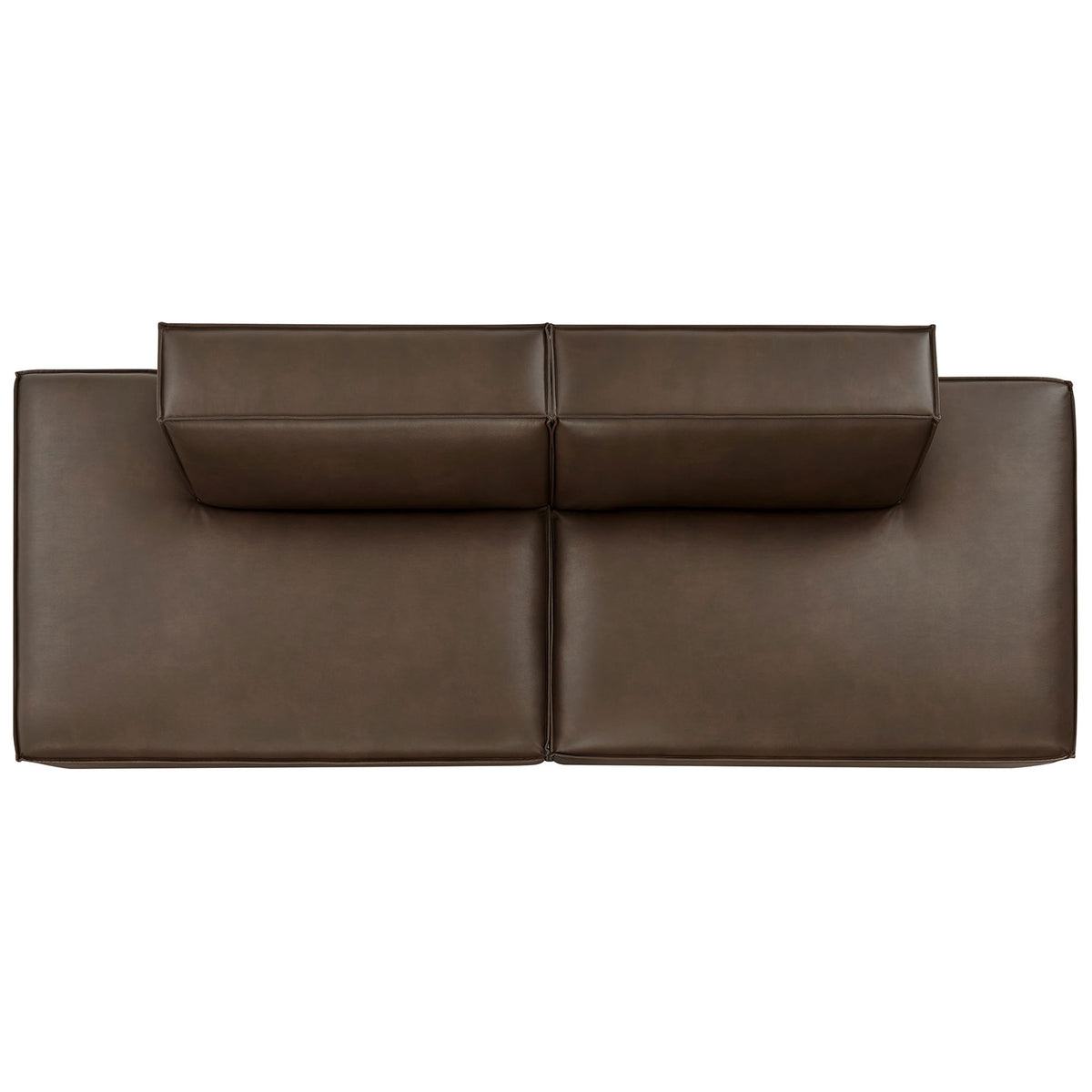 Overhead look at the spacious chaise-style seating and tailored backrests of the espresso modular loveseat || EEI-7424-ESP || top_studio