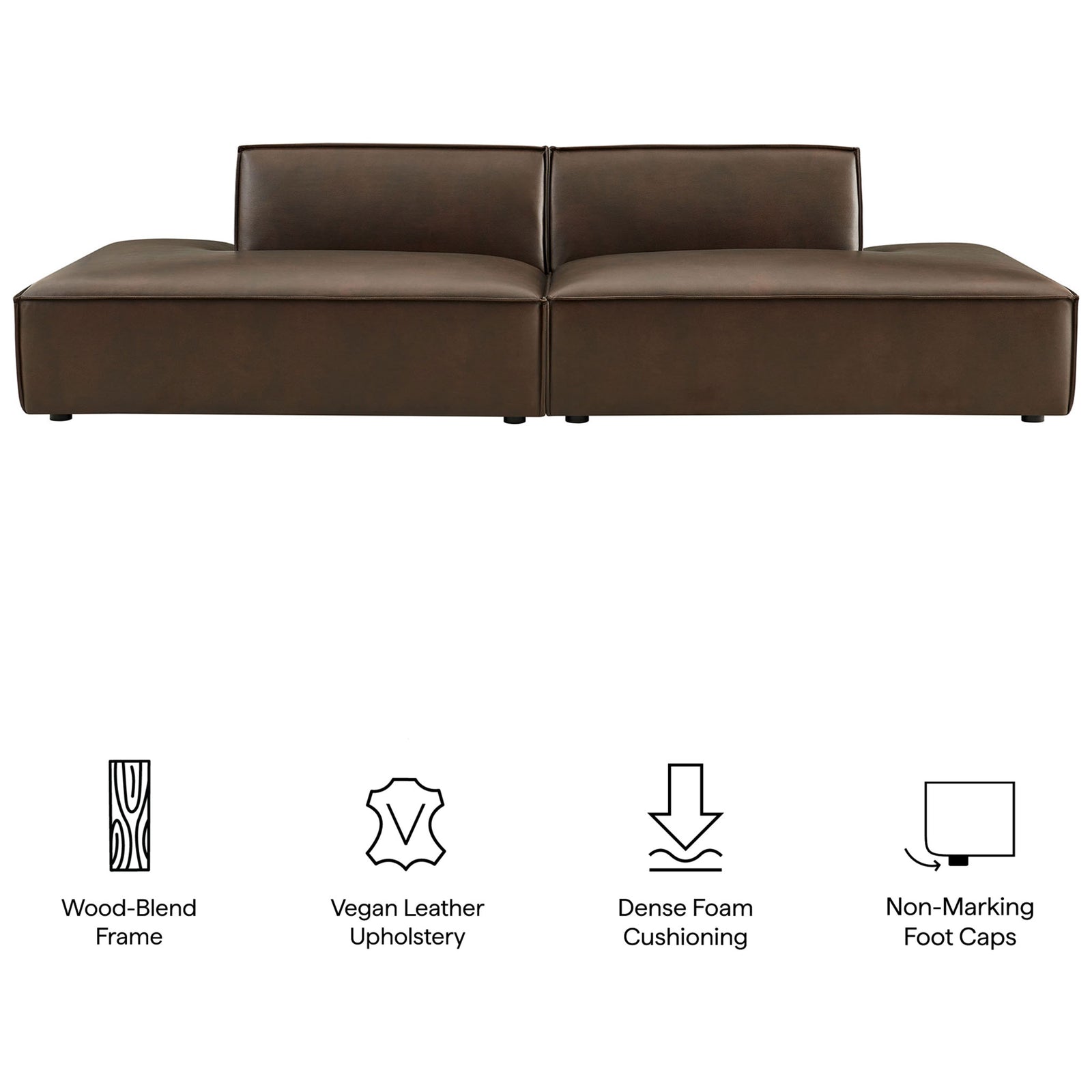 Front view of the modular loveseat with icons highlighting wood-blend frame, vegan leather, and cushioning || EEI-7424-ESP || callout_studio