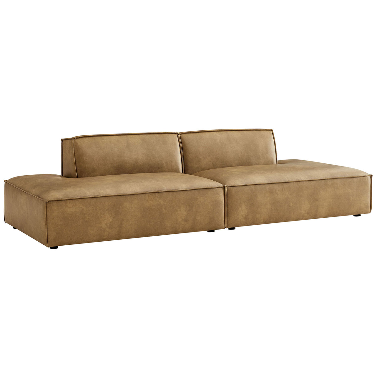 Low-profile toast vegan leather modular loveseat with wide lounge-ready seat cushions. || EEI-7424-TST || front_angle_studio