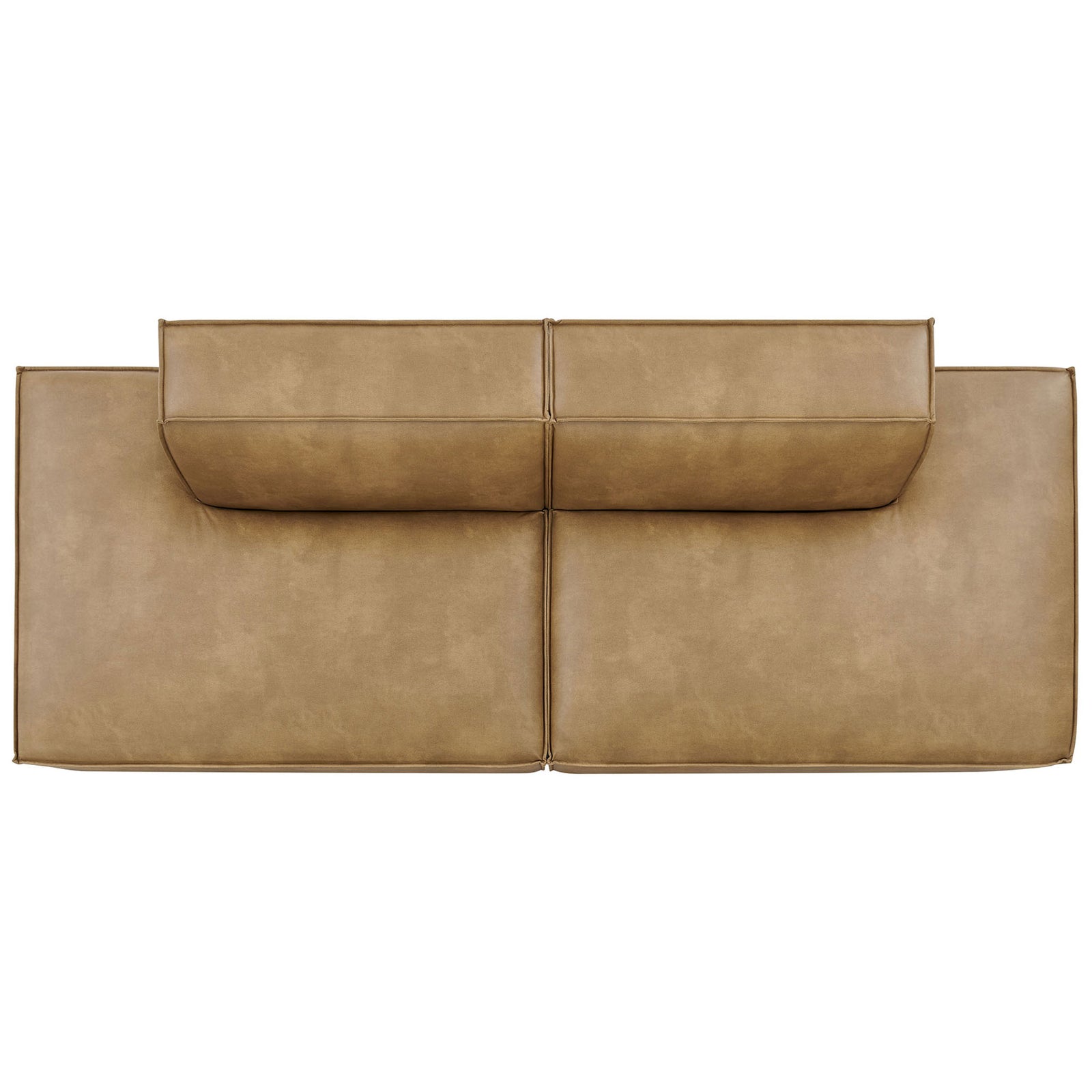 Generous seat and back surfaces of the modular loveseat in smooth toast vegan leather upholstery. || EEI-7424-TST || top_studio