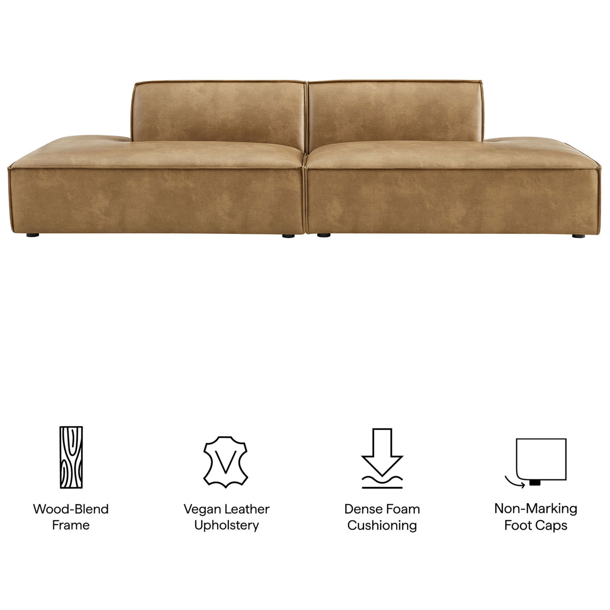 Restore toast vegan leather modular loveseat with icons highlighting frame, cushioning, and foot caps. || EEI-7424-TST || callout_studio