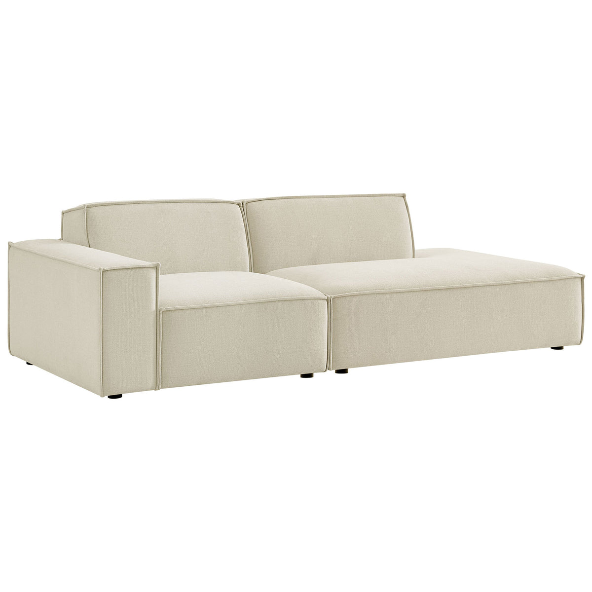 Low-profile ecru modular loveseat with clean lines and tailored French piping detail || EEI-7425-ECR || front_angle_studio