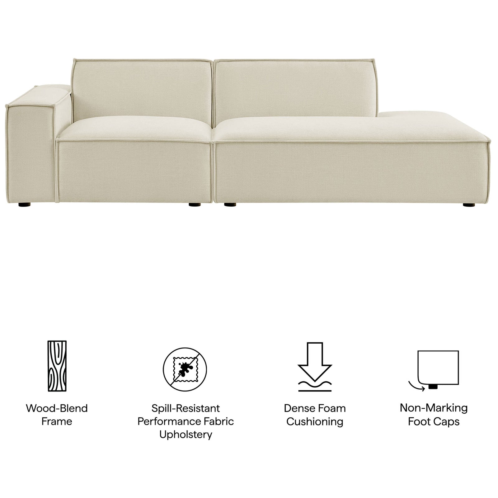 Restore modular loveseat highlighting wood-blend frame, spill-resistant fabric, dense foam, and floor-safe feet || EEI-7425-ECR || callout_studio