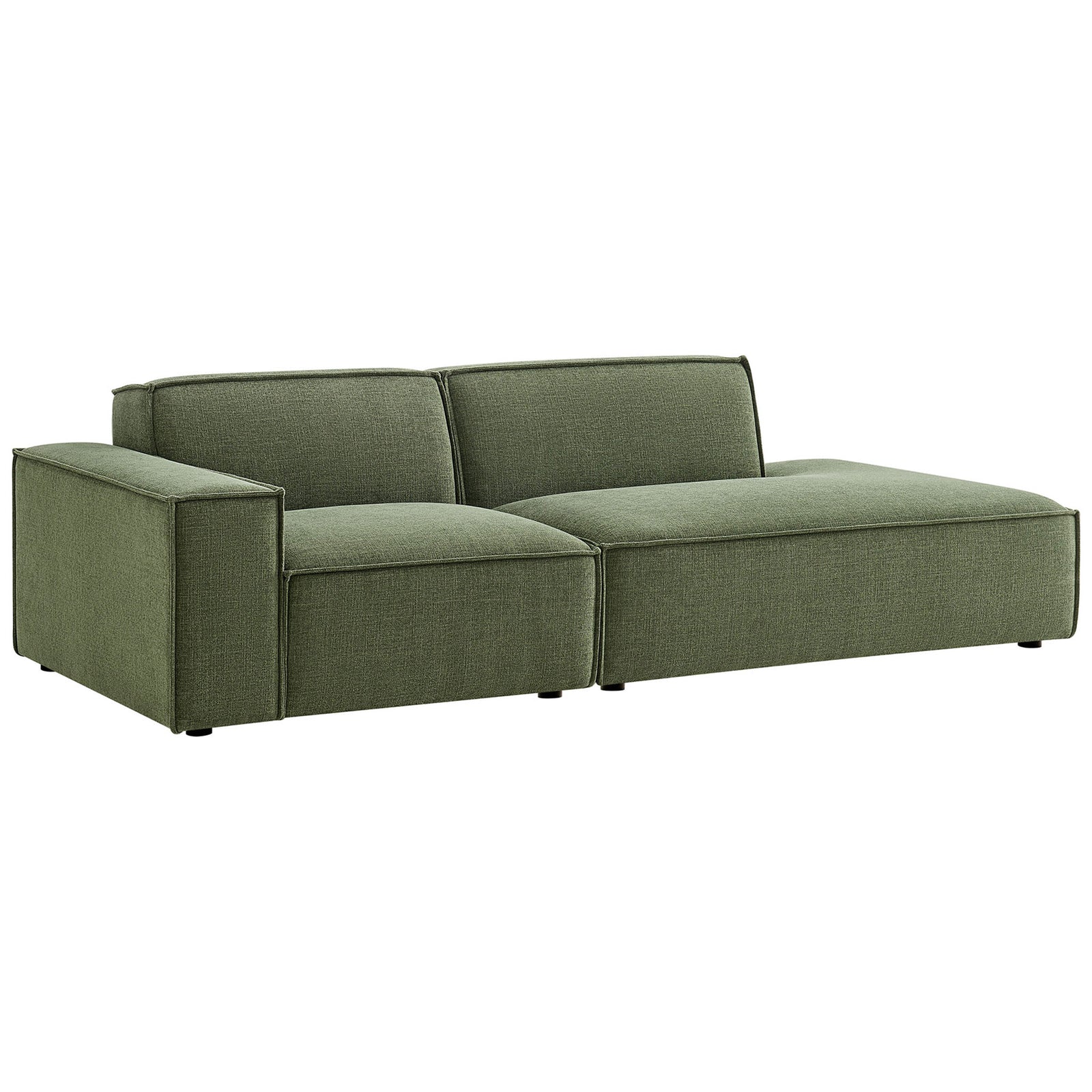 Foliage green modular loveseat with left armrest and right chaise in soft performance fabric upholstery || EEI-7425-FOL || front_angle_studio